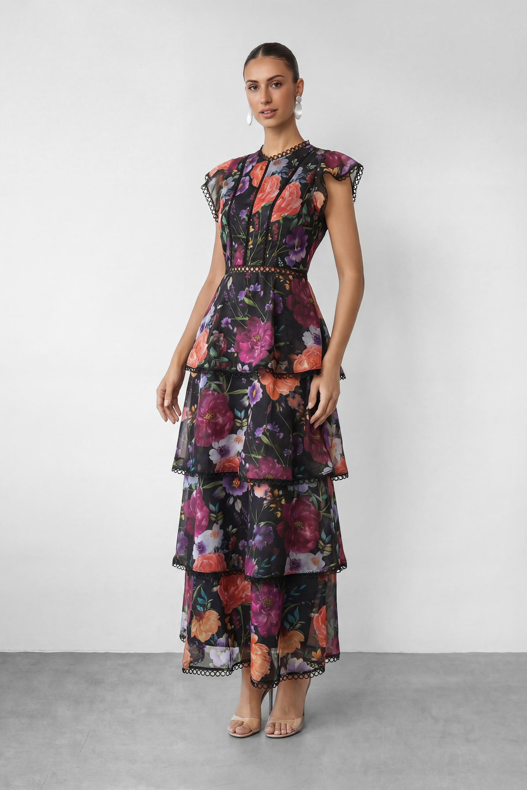 Bloom Dream Black Floral Print Tiered Ruffle Maxi Dress