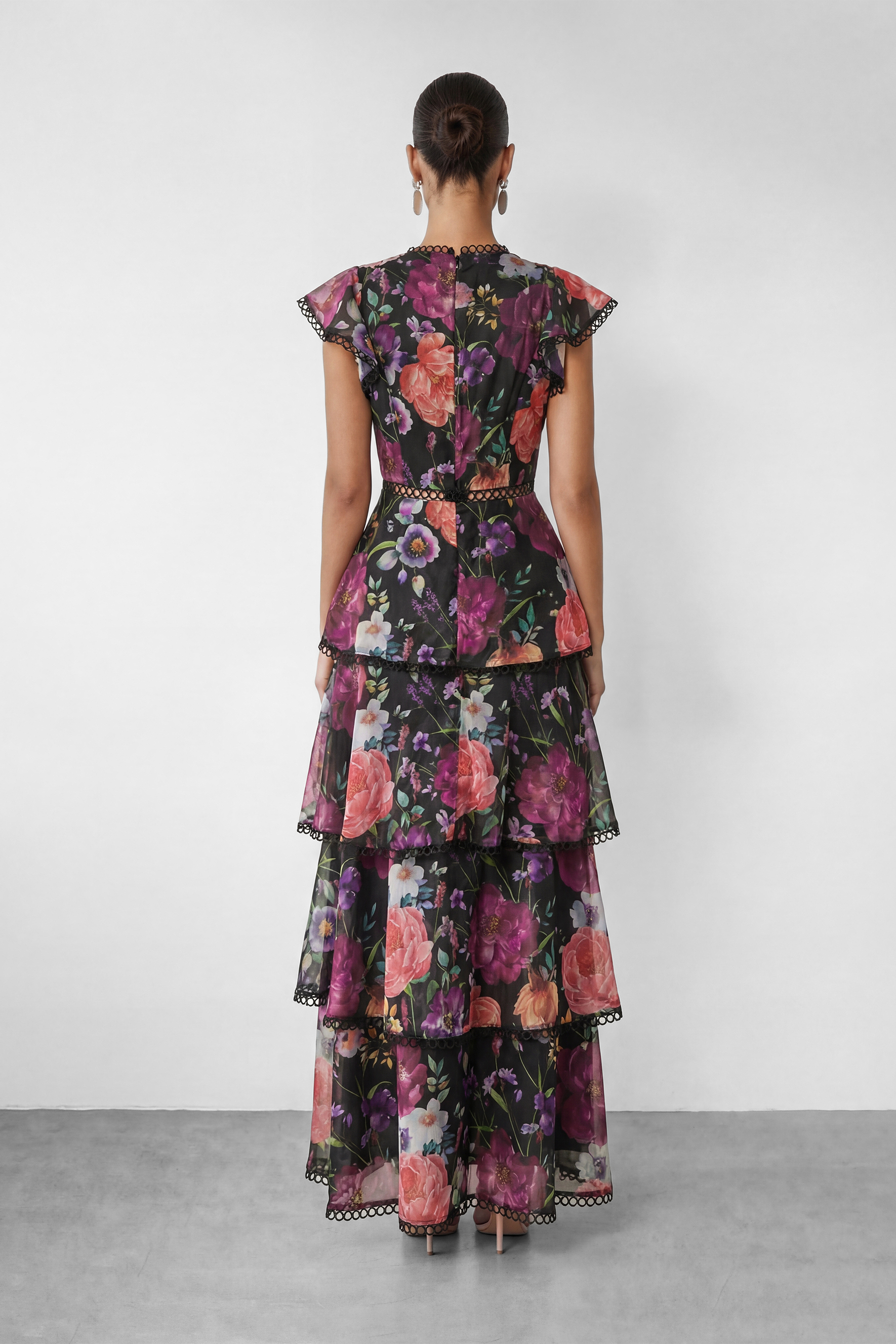 Bloom Dream Black Floral Print Tiered Ruffle Maxi Dress