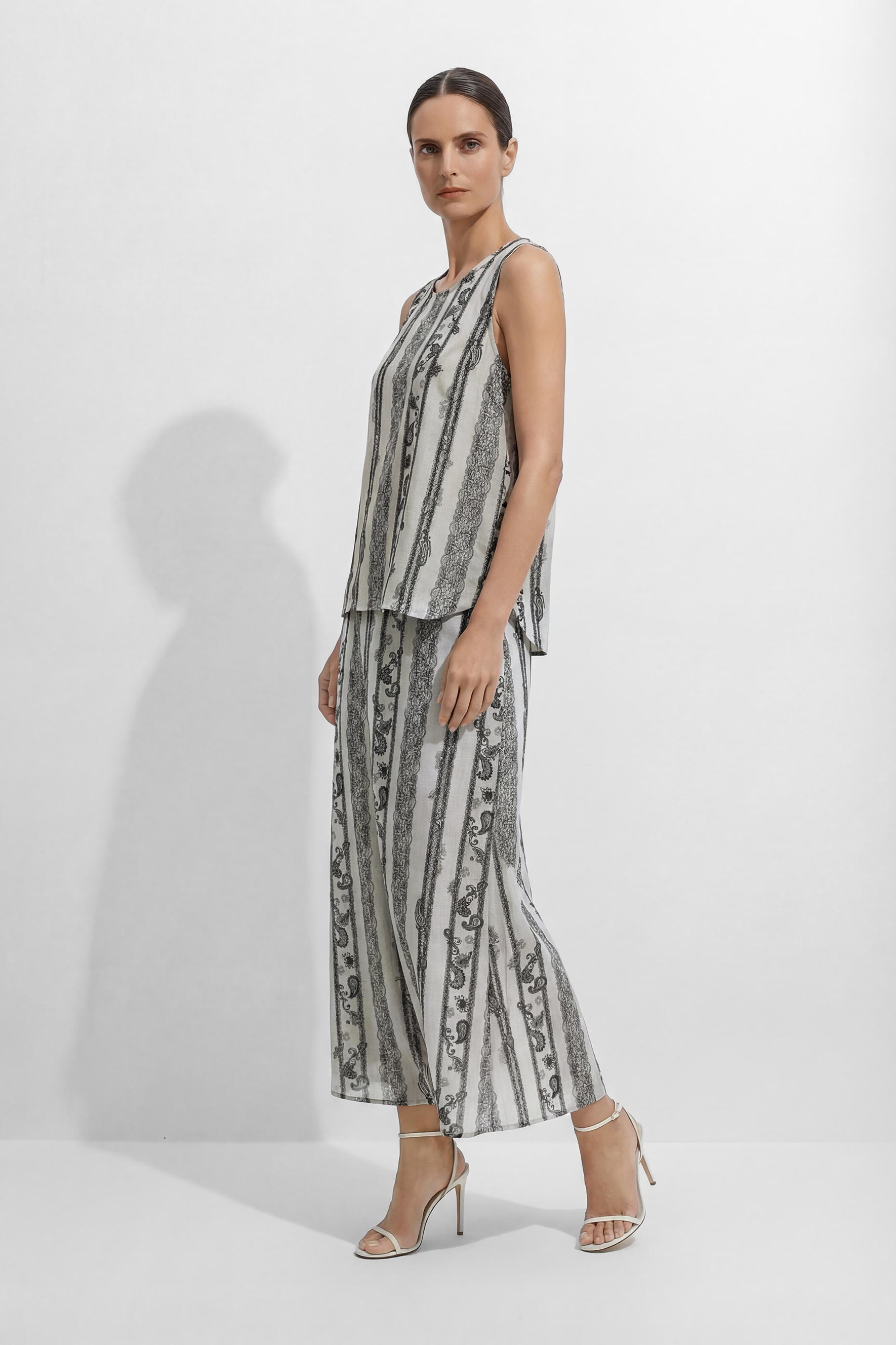 Softly Defined Beige Stripe Paisley Print Top & Skirt Set