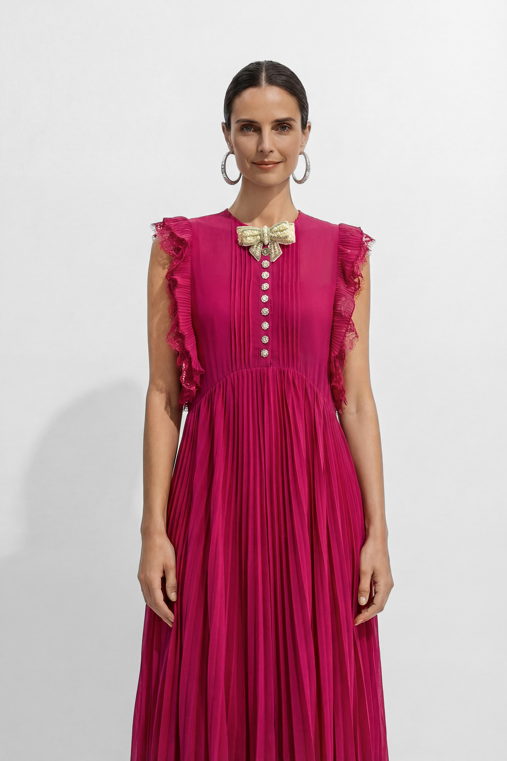 Main Character Mood Hot Pink Pleated Ruffle Sleeve Maxi Dress