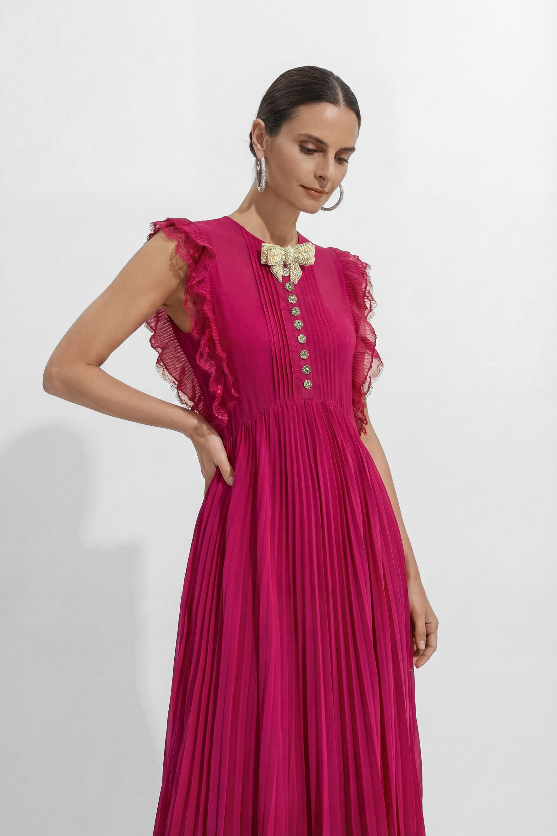 Main Character Mood Hot Pink Pleated Ruffle Sleeve Maxi Dress