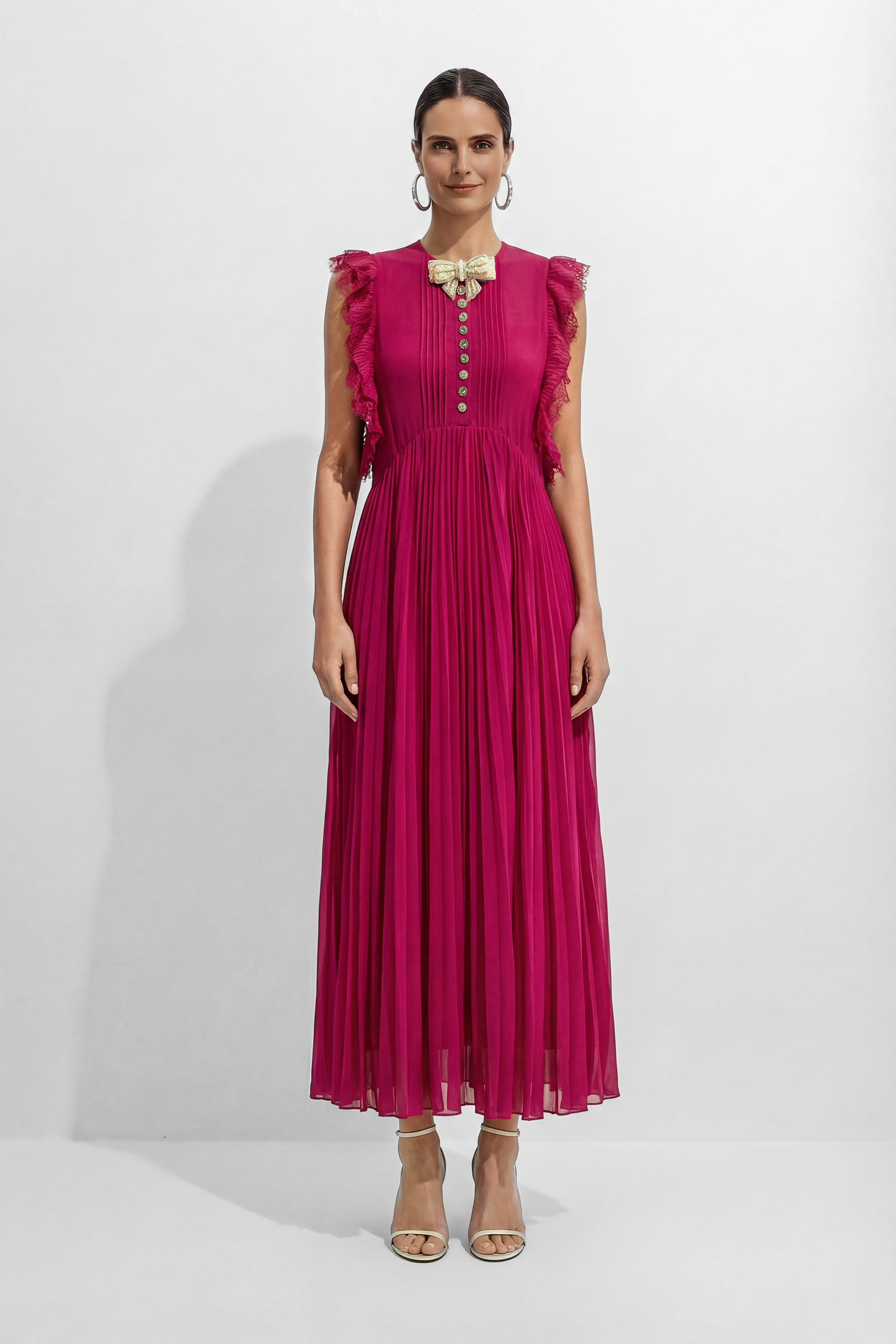 Main Character Mood Hot Pink Pleated Ruffle Sleeve Maxi Dress