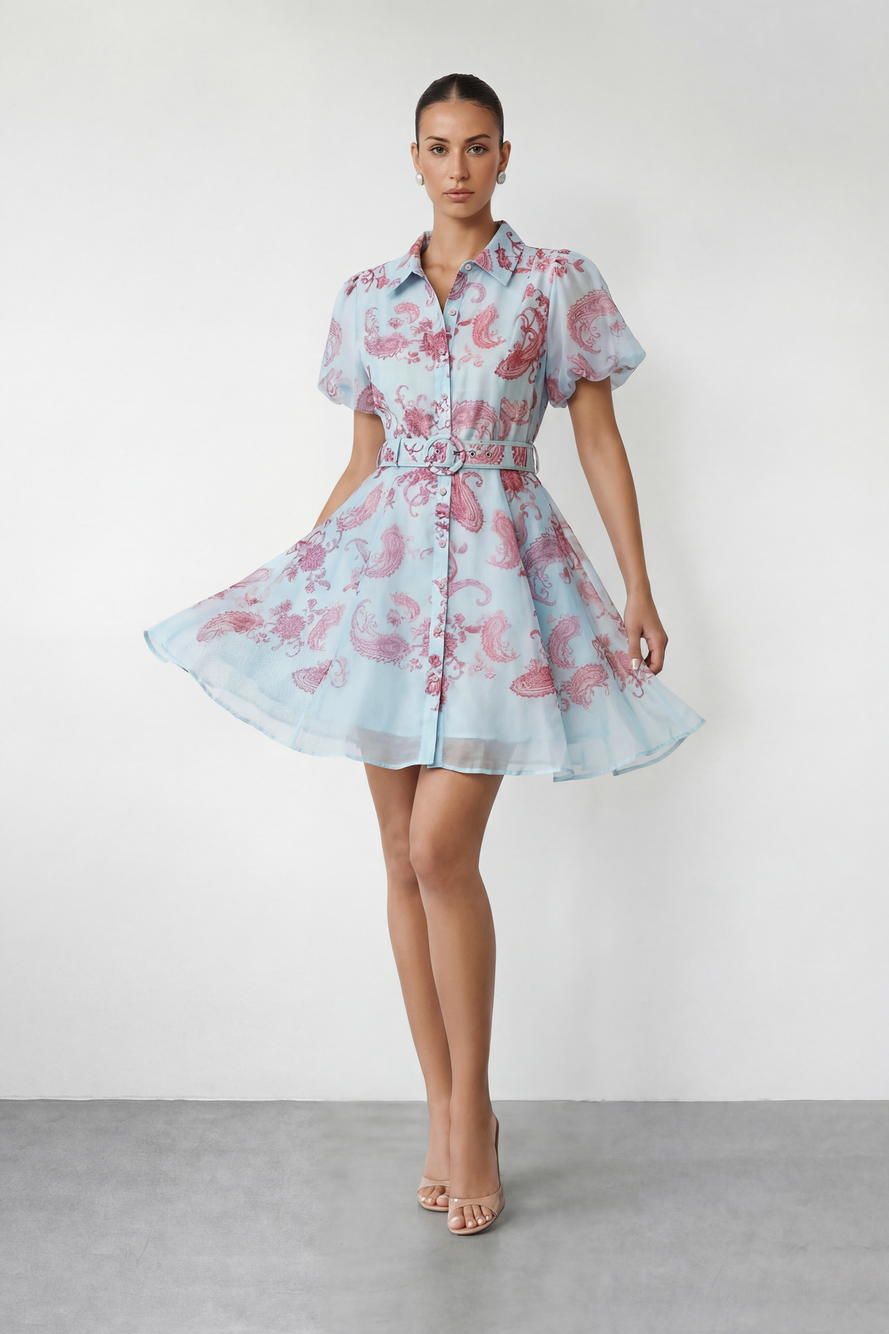Sunday Mood Blue Paisley Print Puff Sleeve Mini Dress