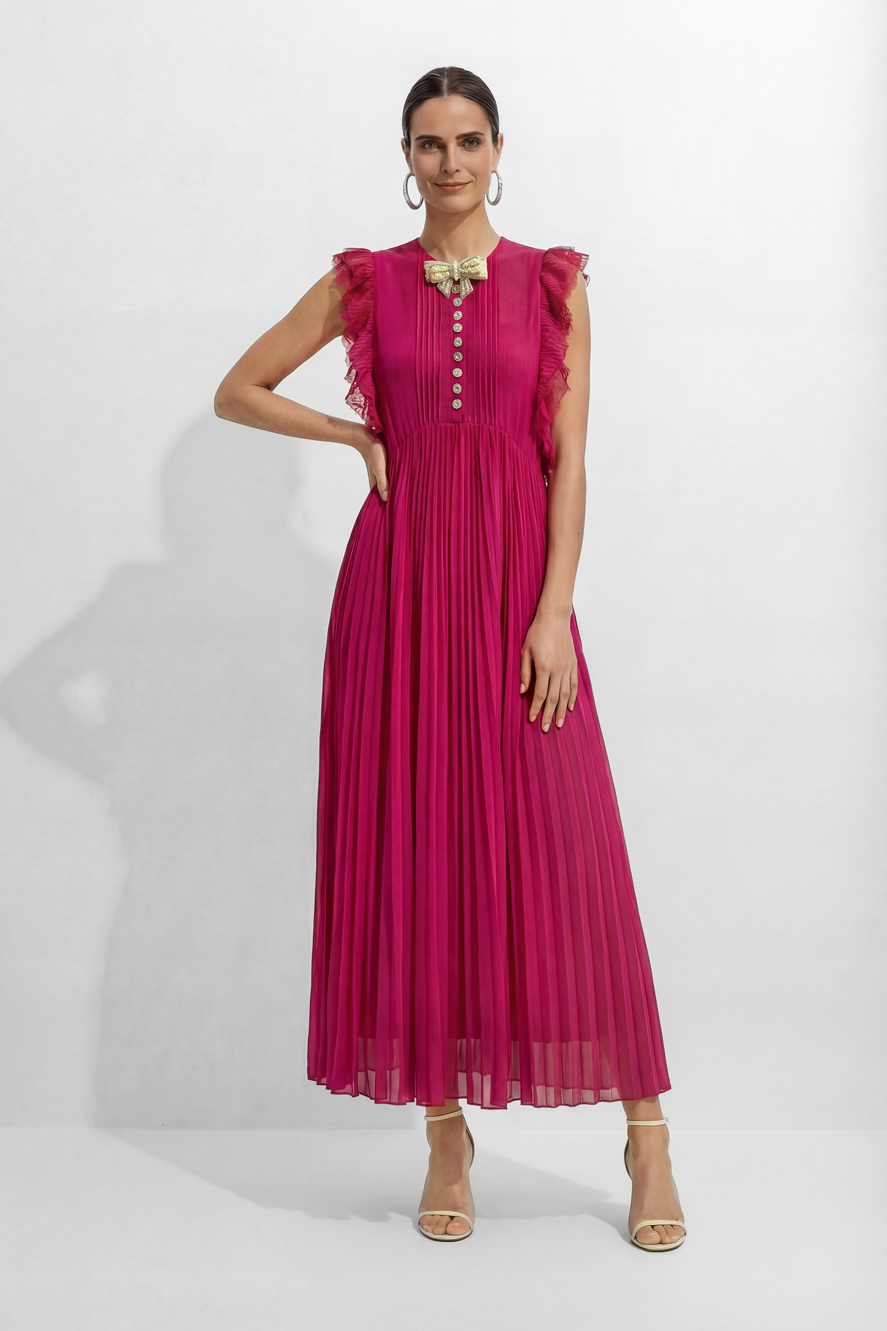 Main Character Mood Hot Pink Pleated Ruffle Sleeve Maxi Dress