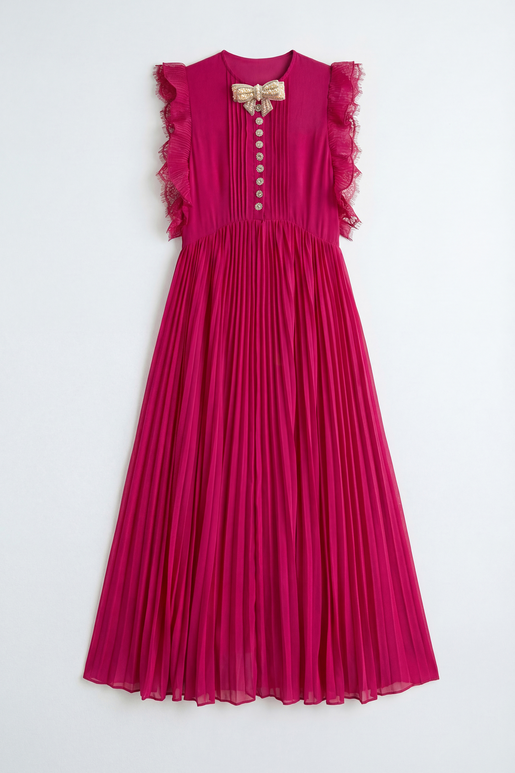 Main Character Mood Hot Pink Pleated Ruffle Sleeve Maxi Dress