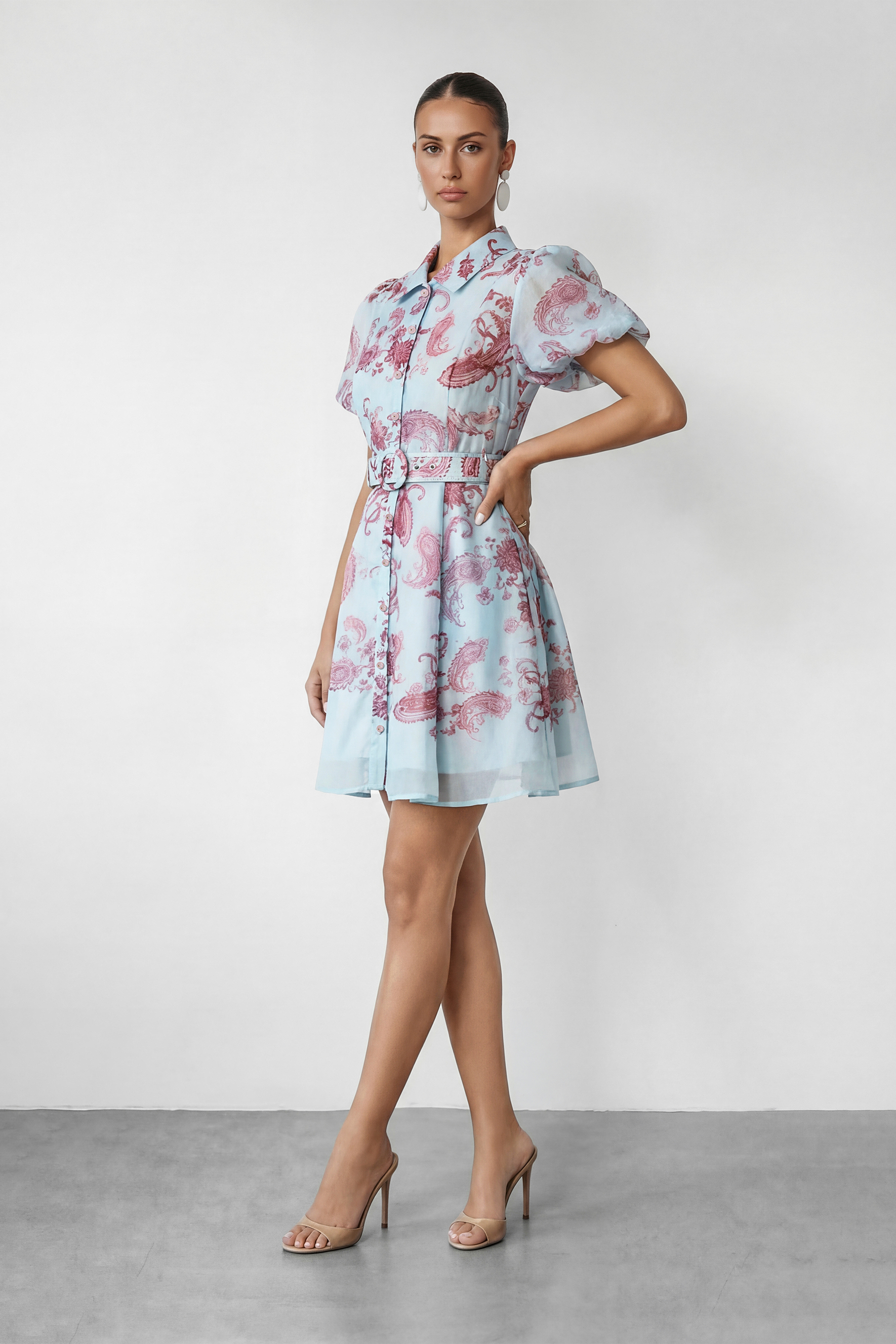 Sunday Mood Blue Paisley Print Puff Sleeve Mini Dress