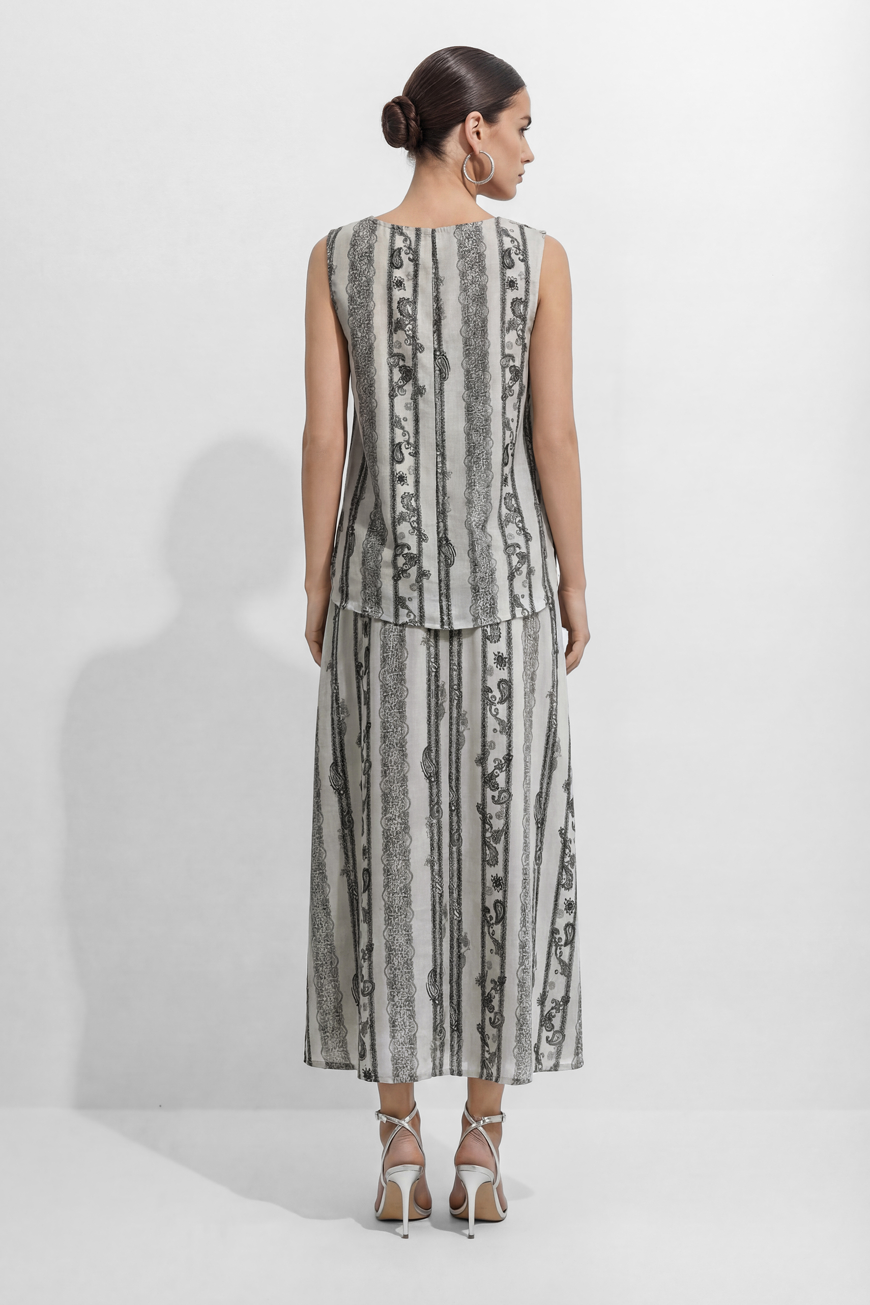 Softly Defined Beige Stripe Paisley Print Top & Skirt Set