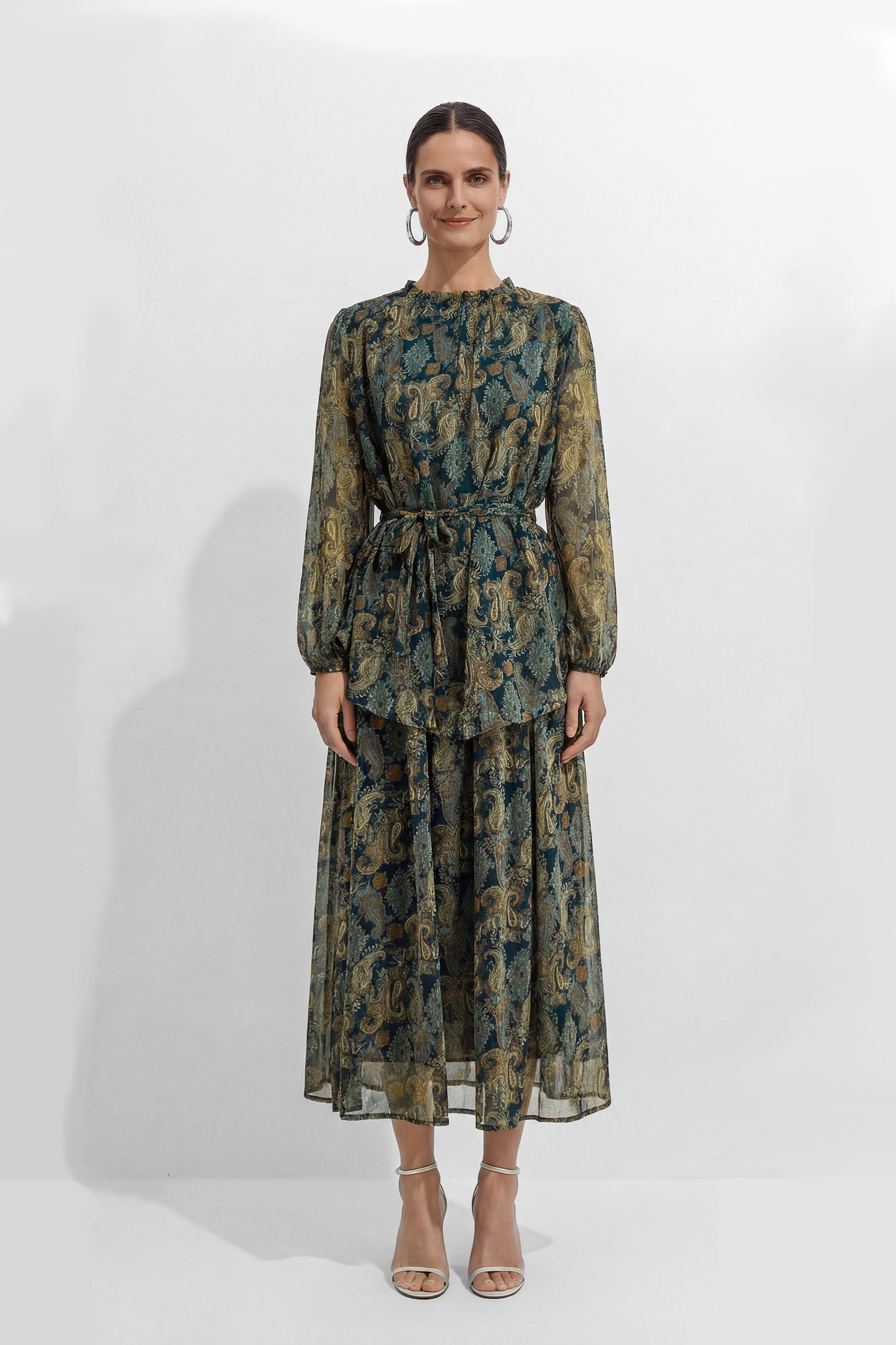 Dark Emerald Green Paisley Print Georgette Top & Skirt Set