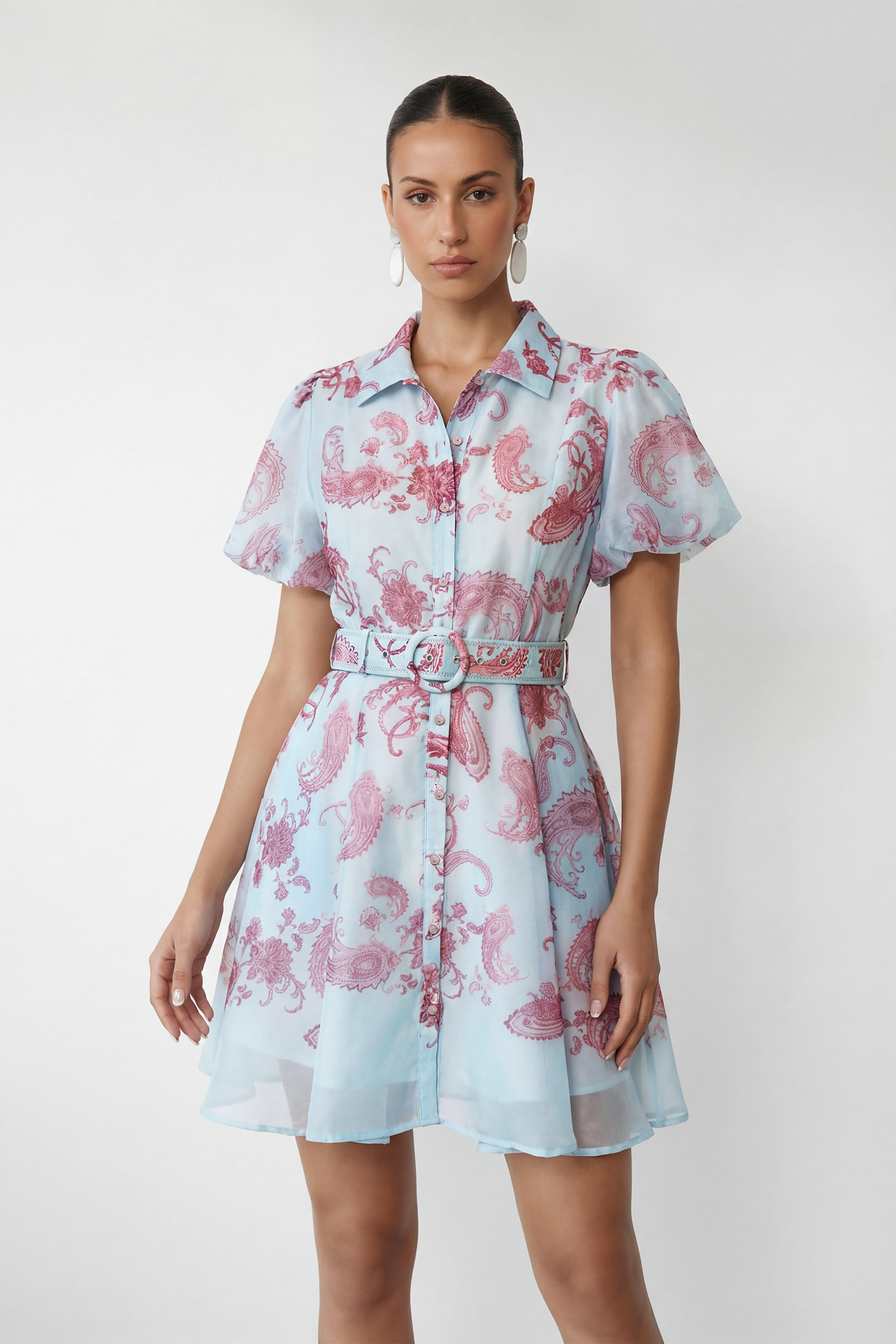 Sunday Mood Blue Paisley Print Puff Sleeve Mini Dress
