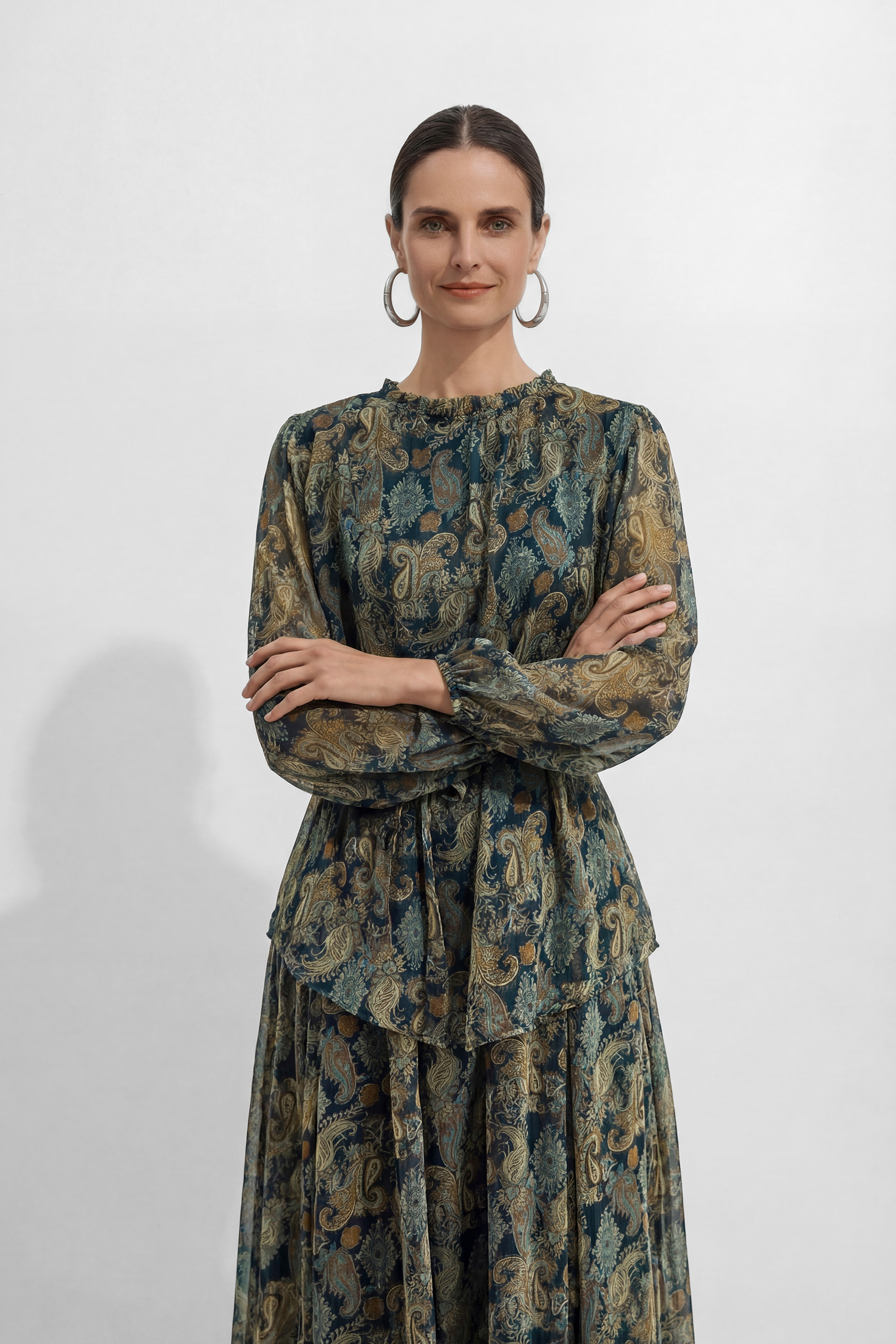 Dark Emerald Green Paisley Print Georgette Top & Skirt Set