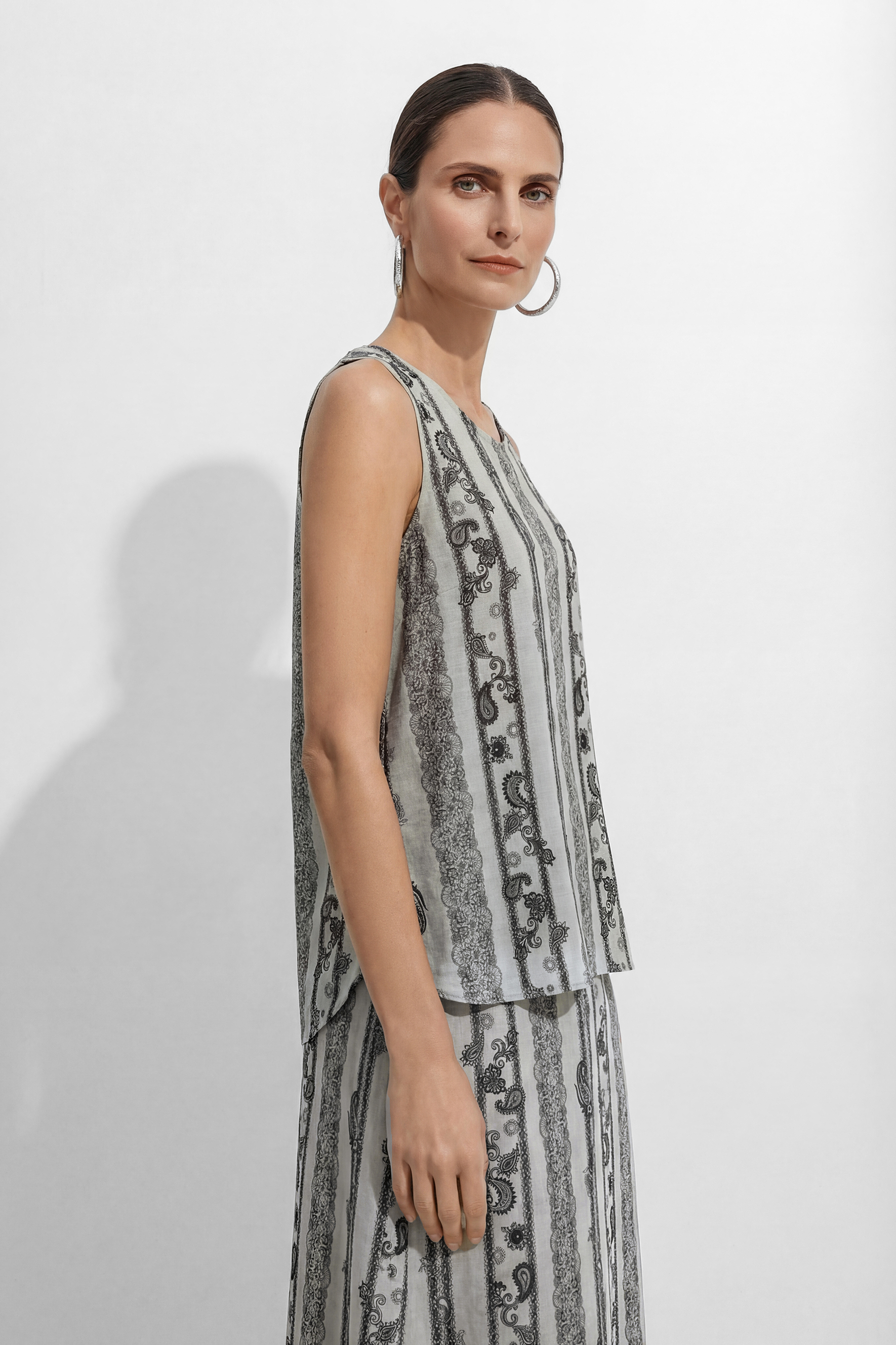 Softly Defined Beige Stripe Paisley Print Top & Skirt Set