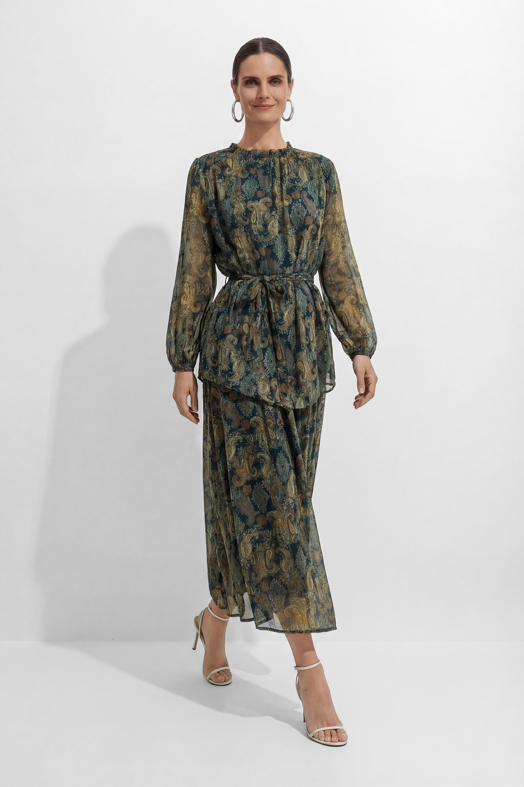 Dark Emerald Green Paisley Print Georgette Top & Skirt Set