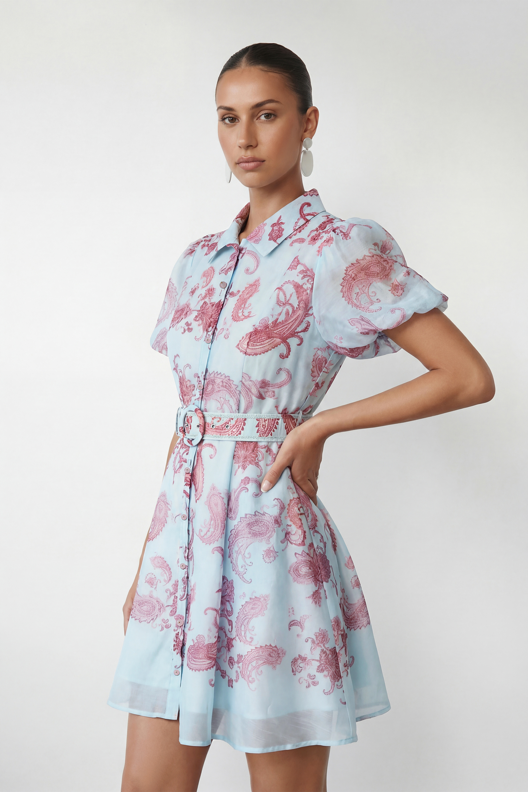 Sunday Mood Blue Paisley Print Puff Sleeve Mini Dress