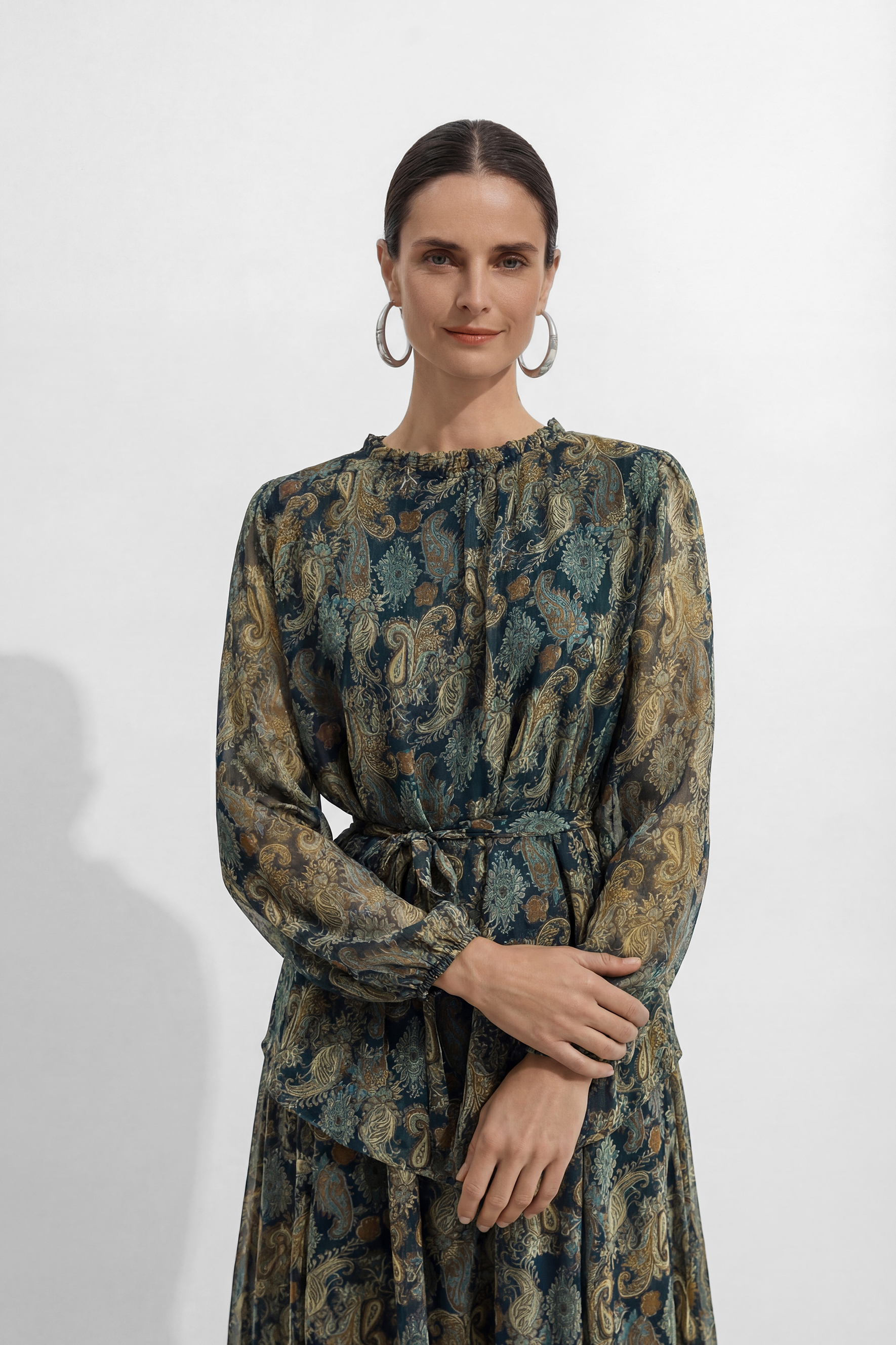 Dark Emerald Green Paisley Print Georgette Top & Skirt Set