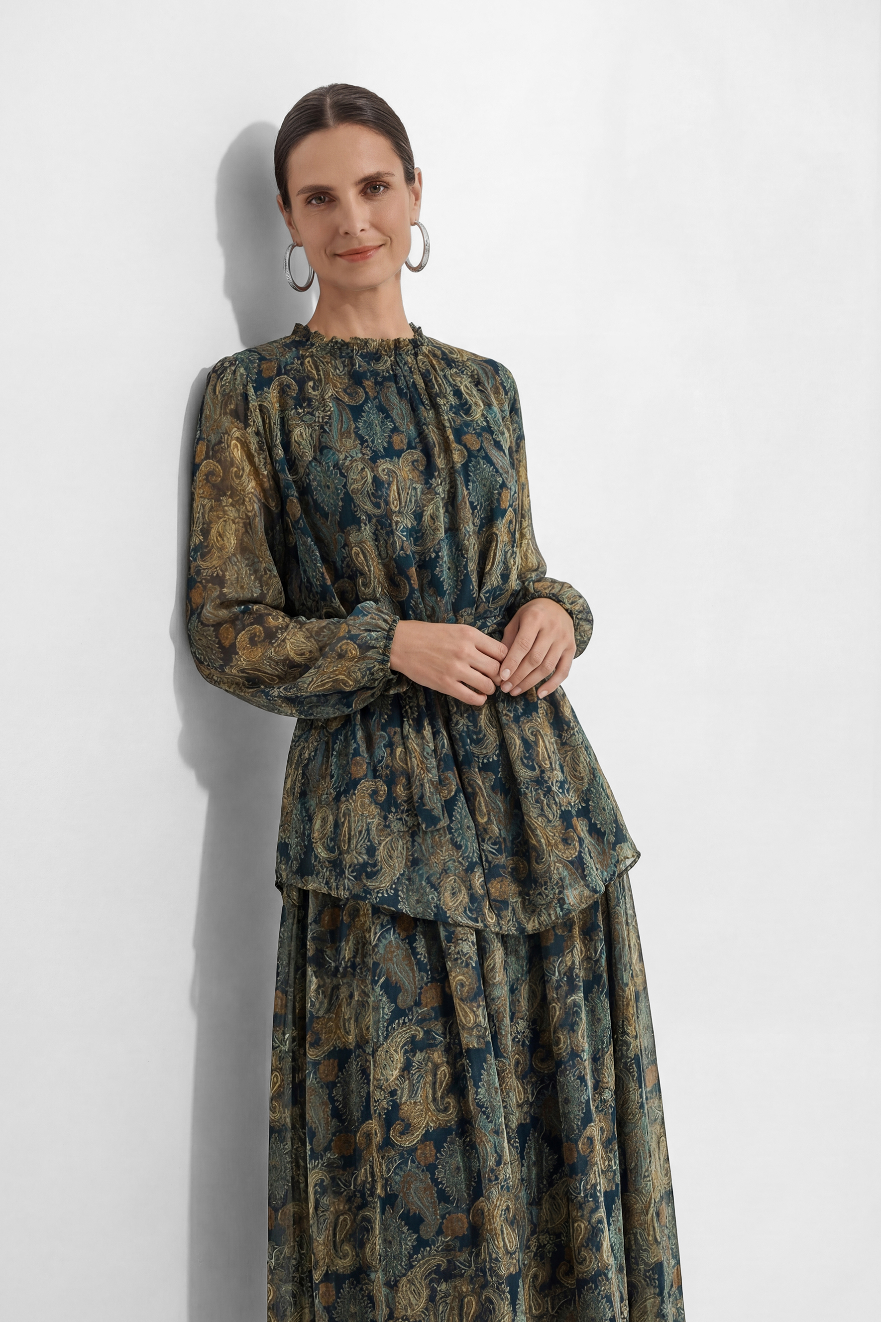 Dark Emerald Green Paisley Print Georgette Top & Skirt Set