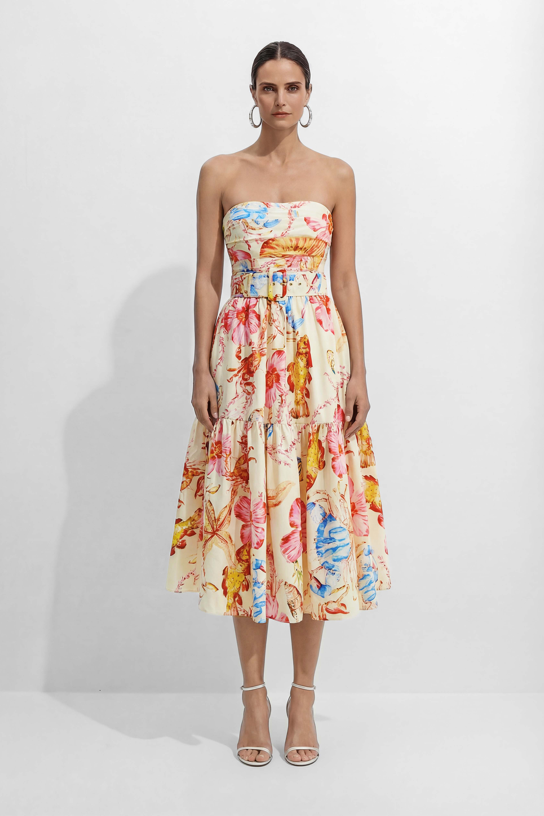 Sun Kissed Multi Printed Strapless Midi Dress