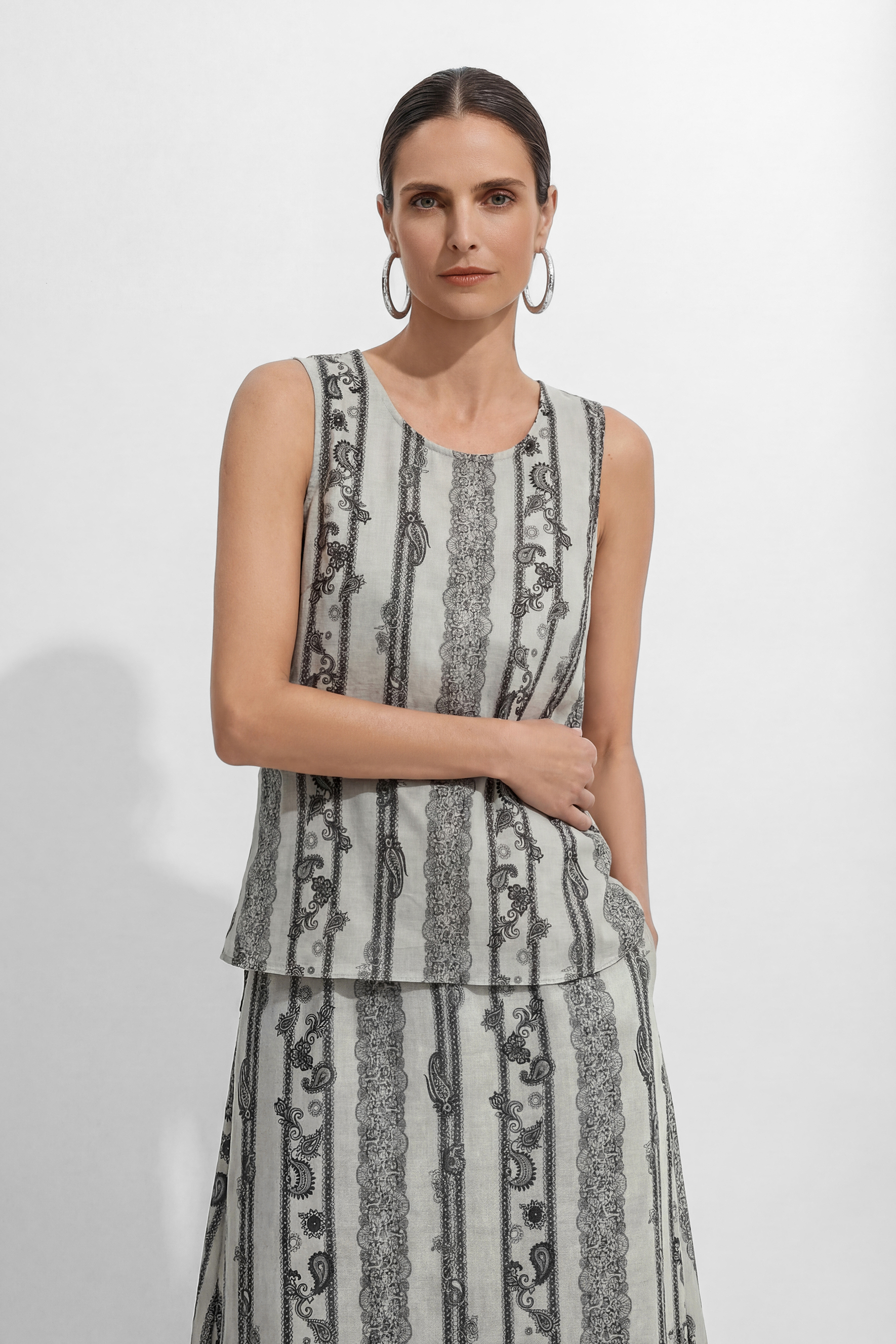 Softly Defined Beige Stripe Paisley Print Top & Skirt Set