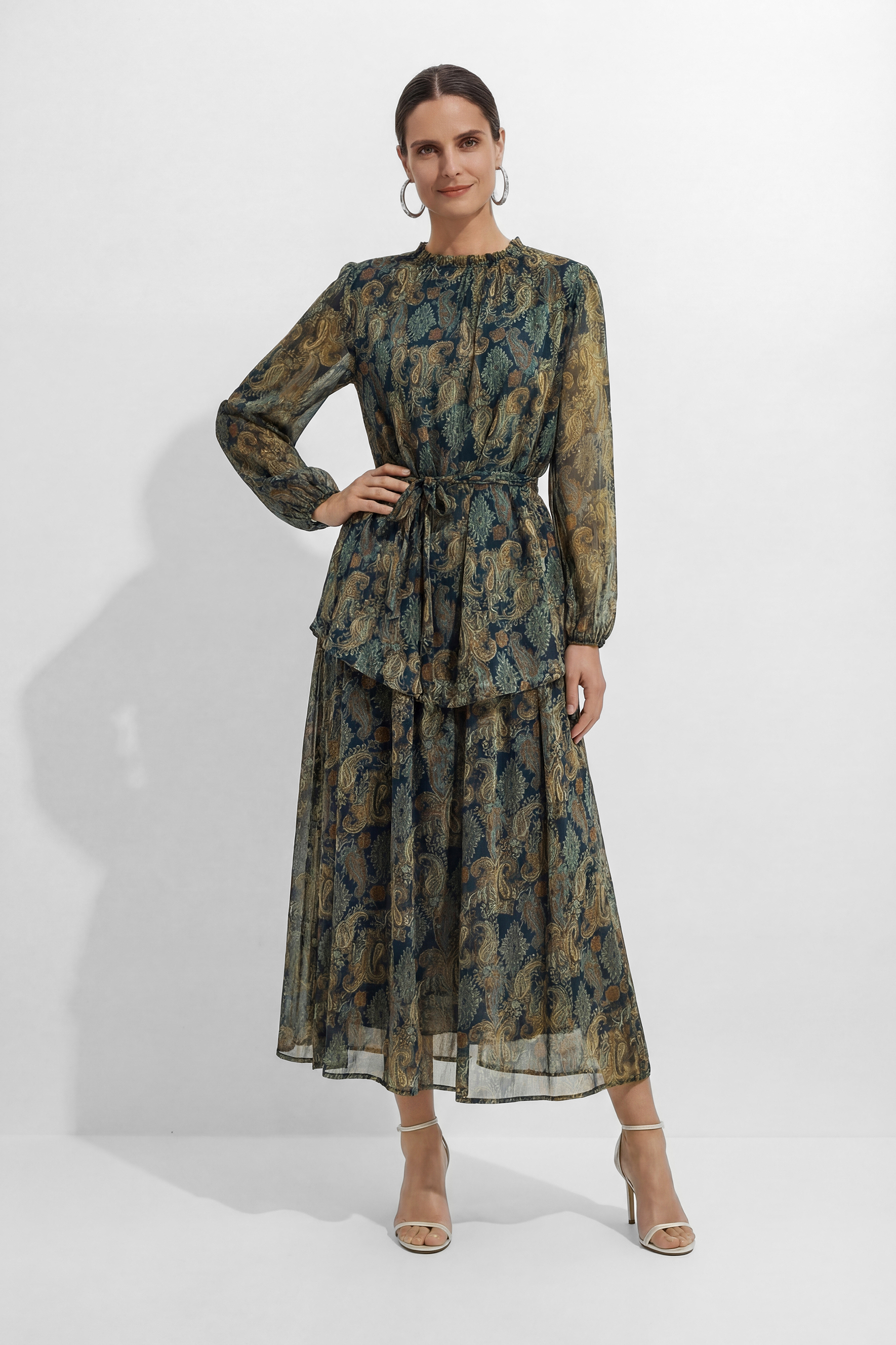 Dark Emerald Green Paisley Print Georgette Top & Skirt Set