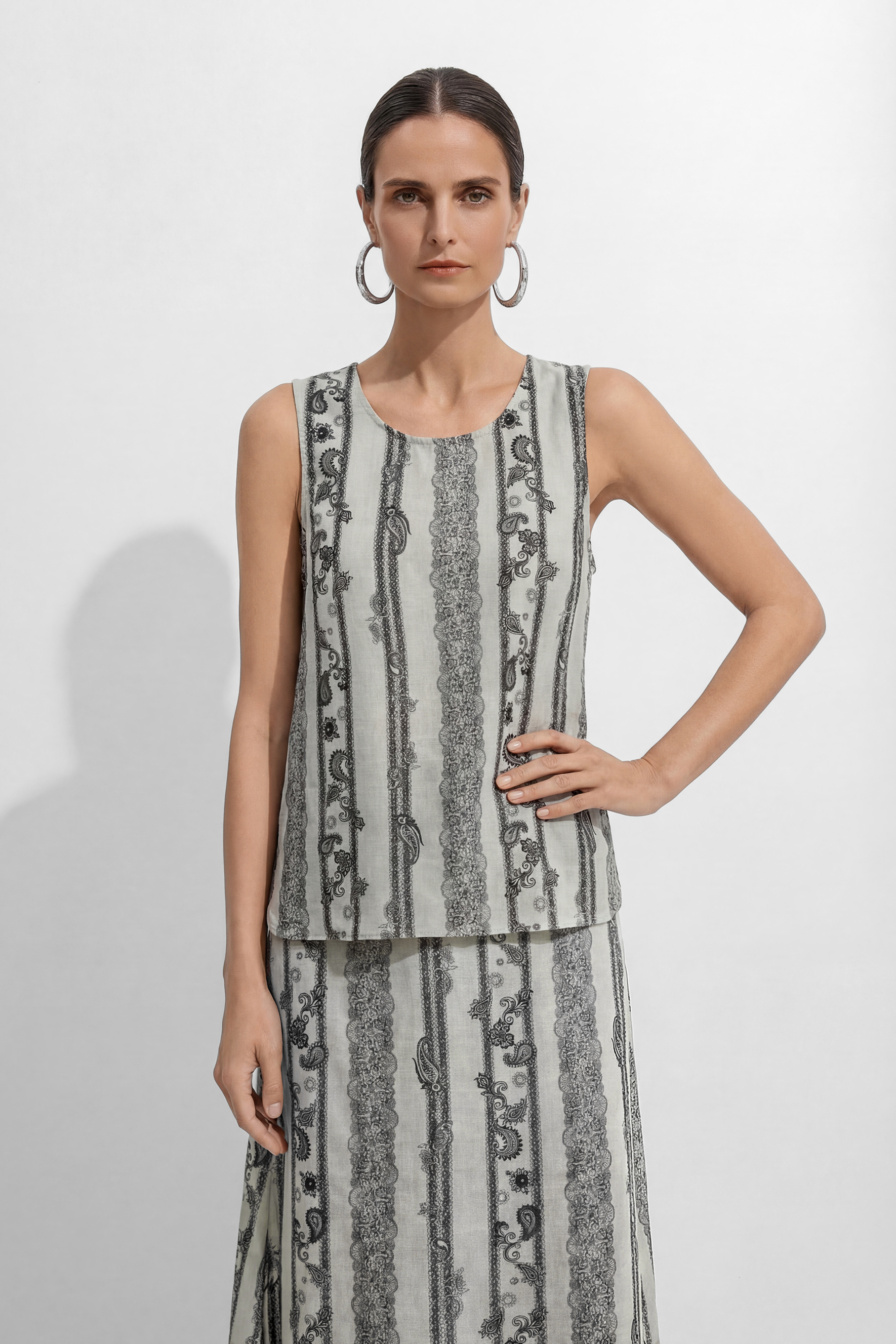 Softly Defined Beige Stripe Paisley Print Top & Skirt Set