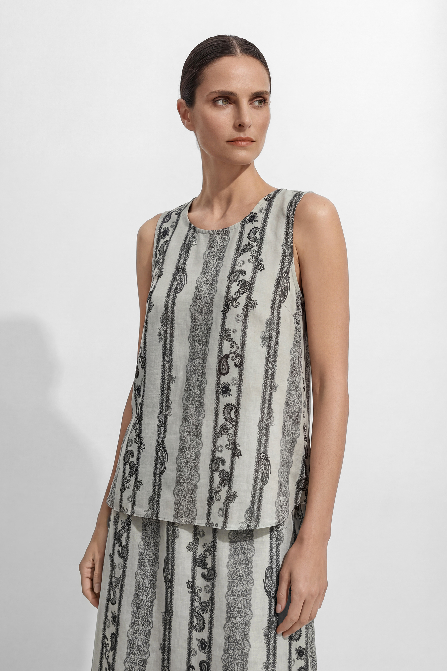 Softly Defined Beige Stripe Paisley Print Top & Skirt Set