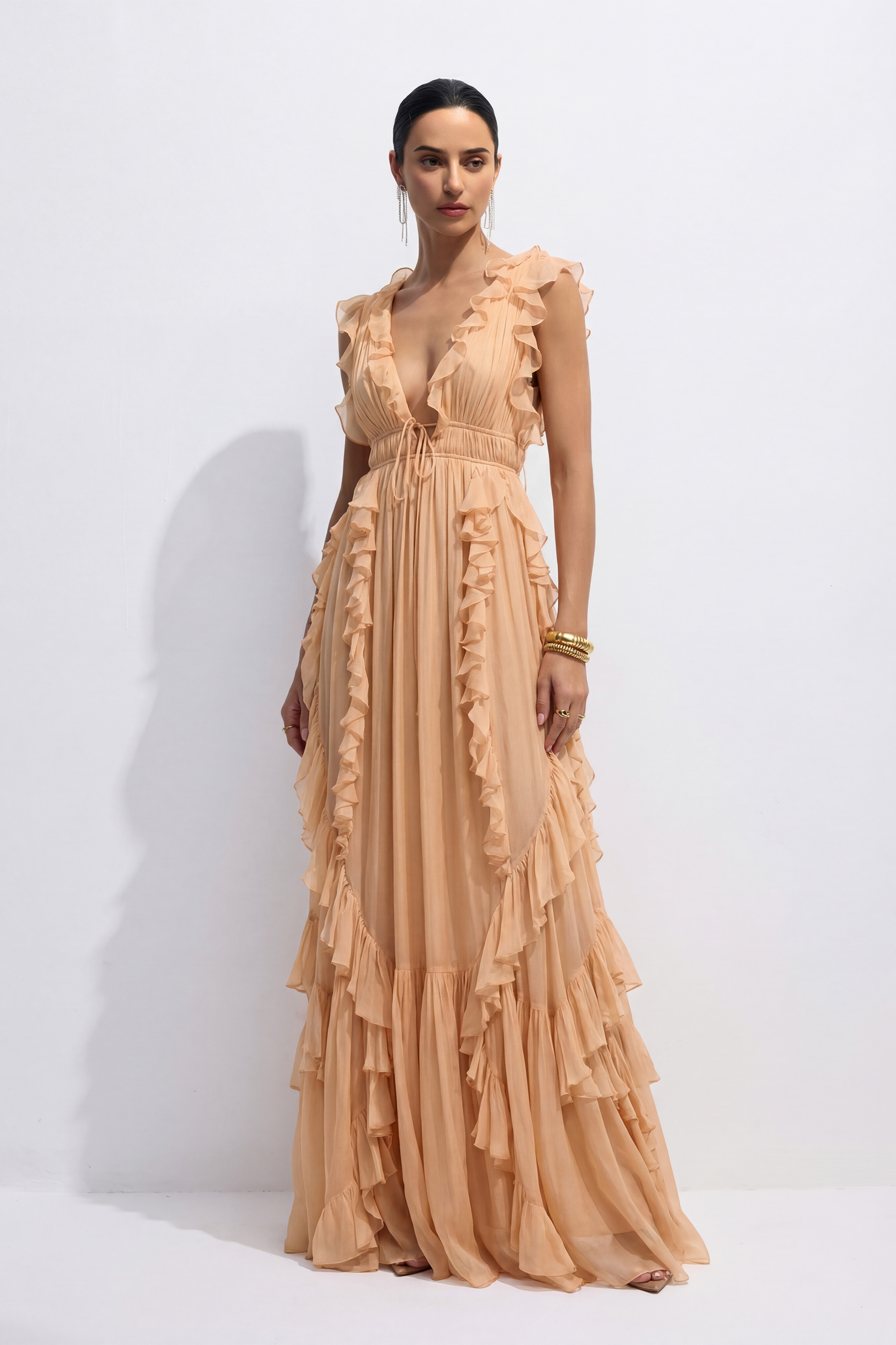 Sweet Attraction Peach Pink Ruffle Deep V Tiered Maxi Dress