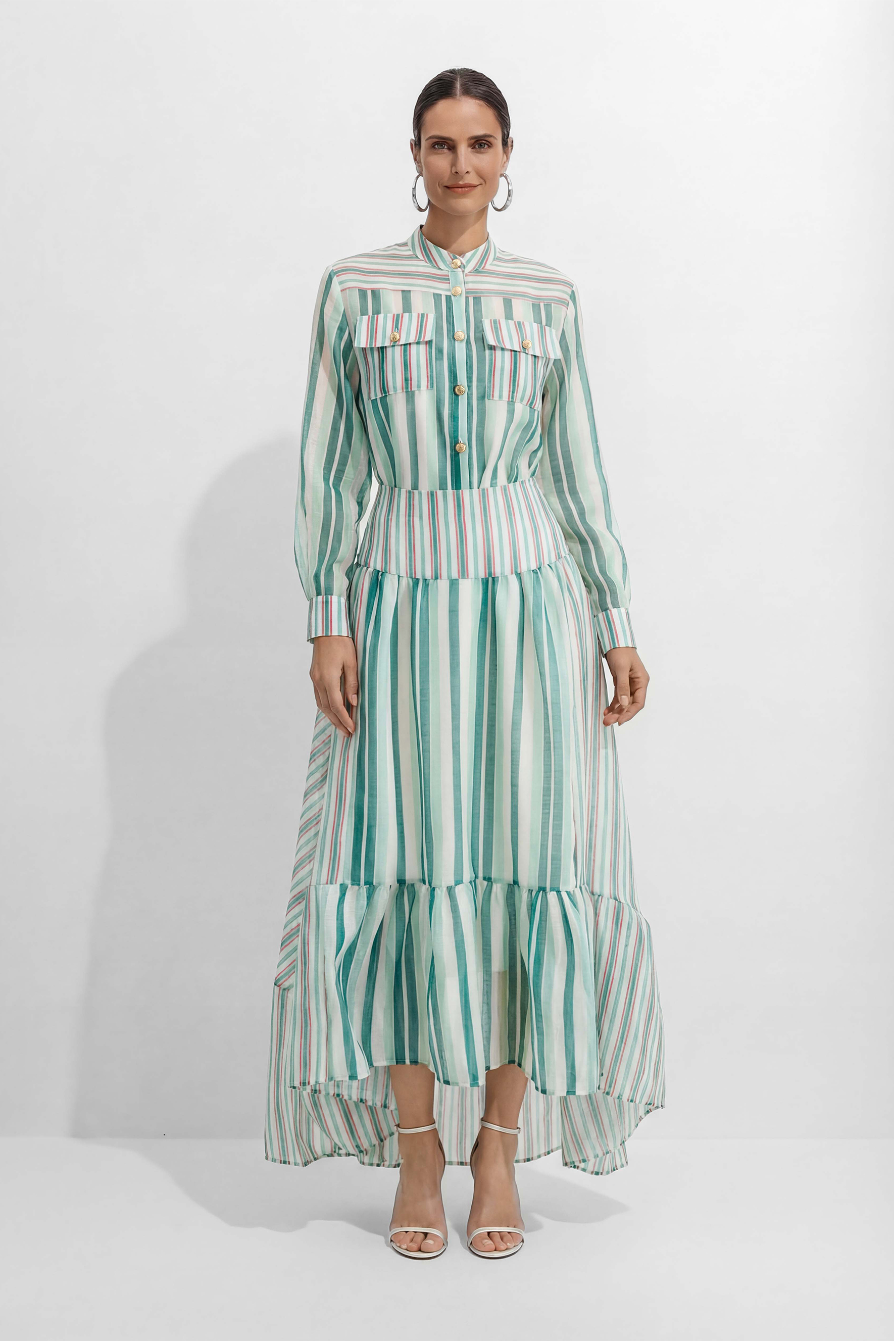 City Summer Mood Teal Striped Shirt & Tiered Skirt Set