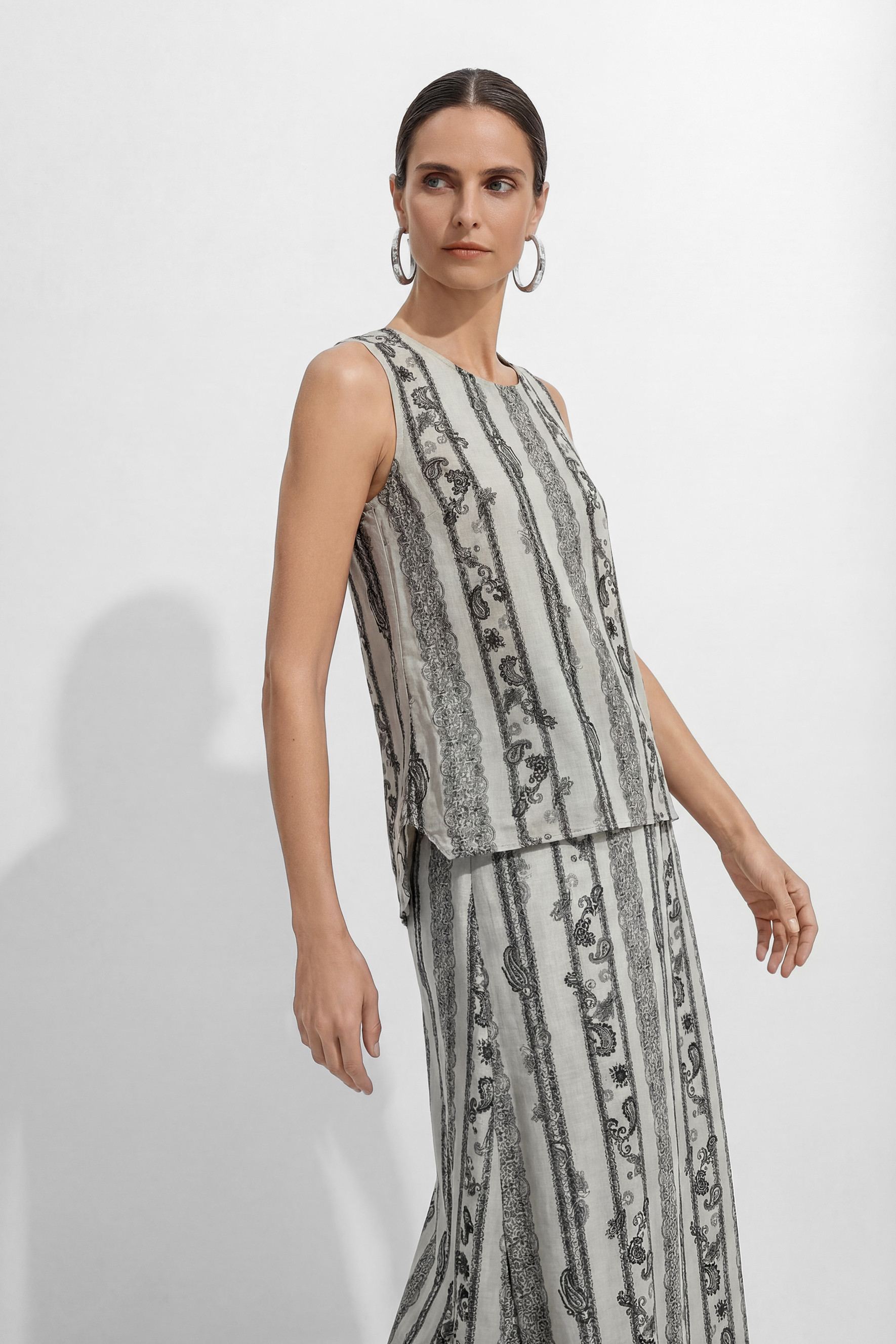 Softly Defined Beige Stripe Paisley Print Top & Skirt Set