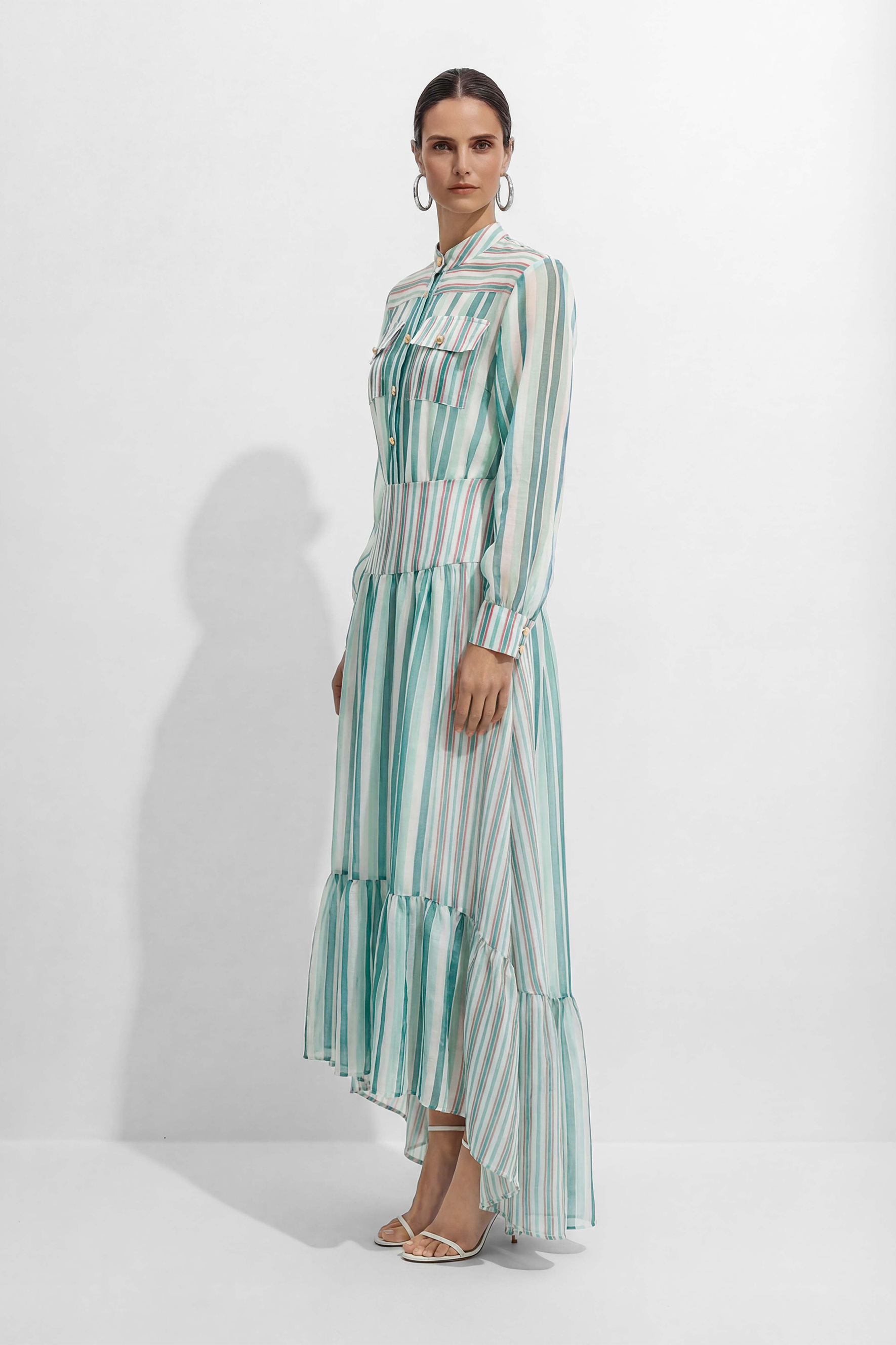 City Summer Mood Teal Striped Shirt & Tiered Skirt Set