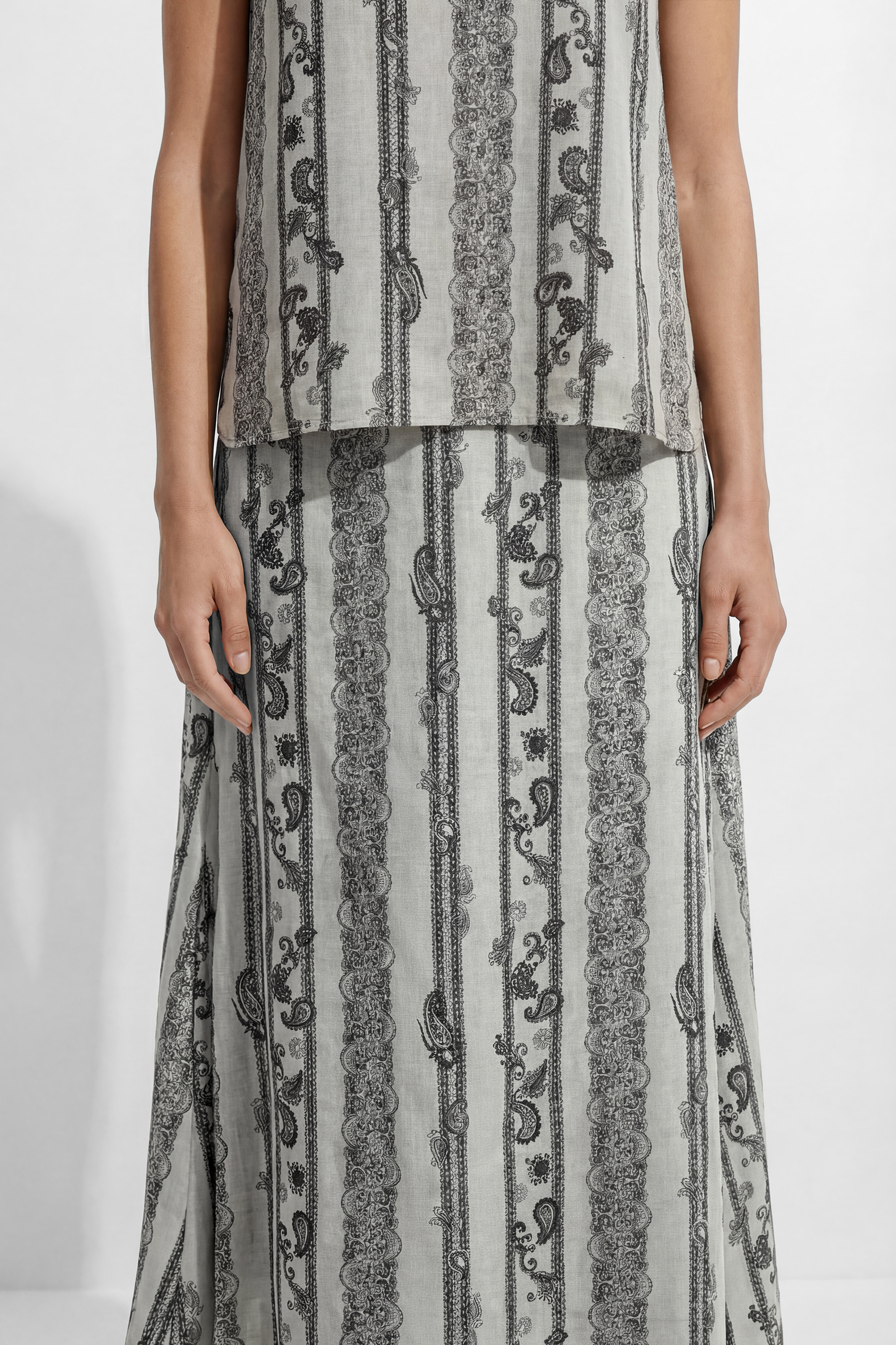 Softly Defined Beige Stripe Paisley Print Top & Skirt Set