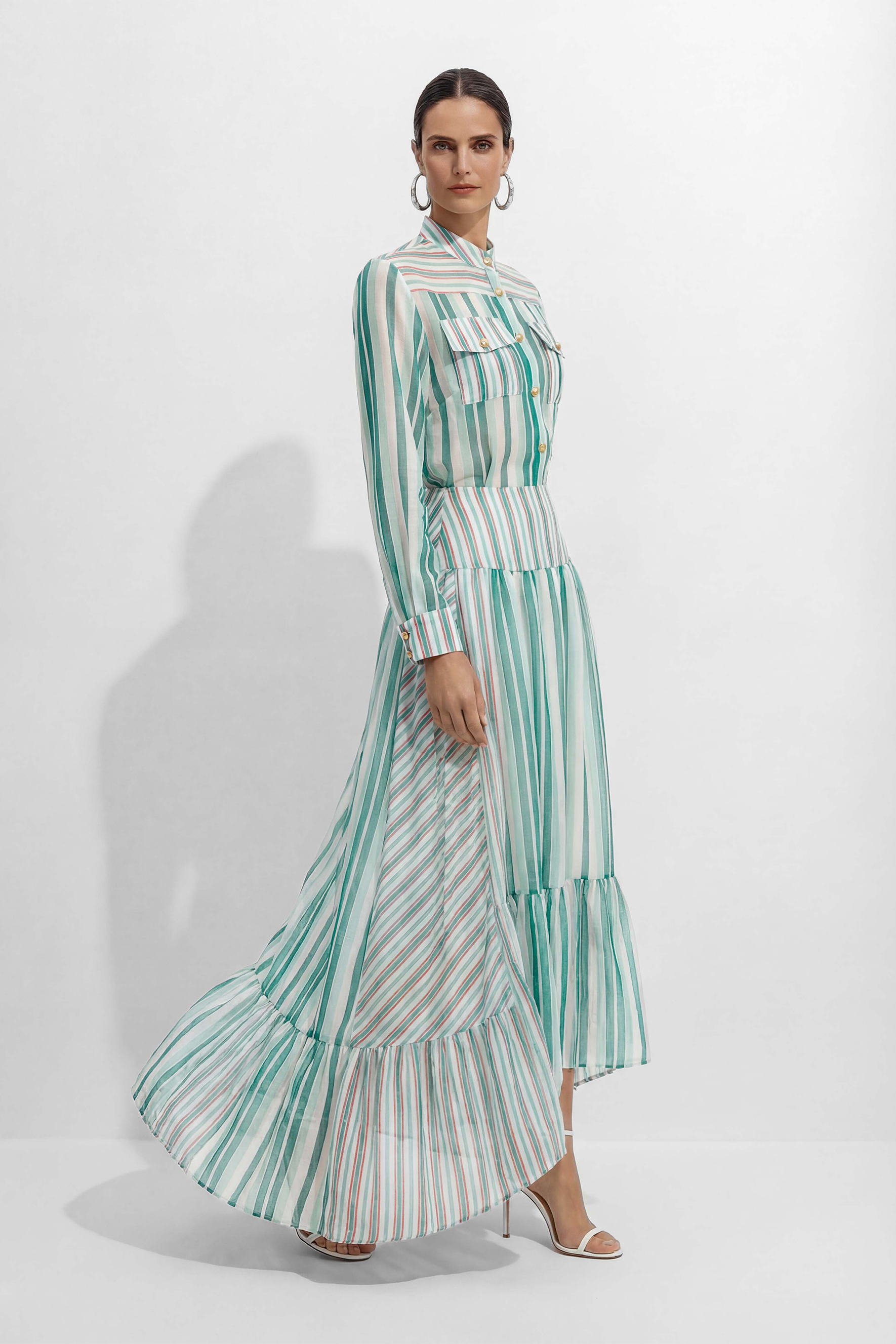 City Summer Mood Teal Striped Shirt & Tiered Skirt Set