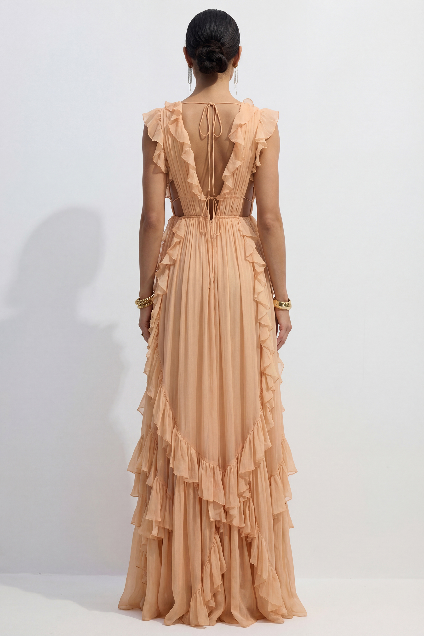 Sweet Attraction Peach Pink Ruffle Deep V Tiered Maxi Dress