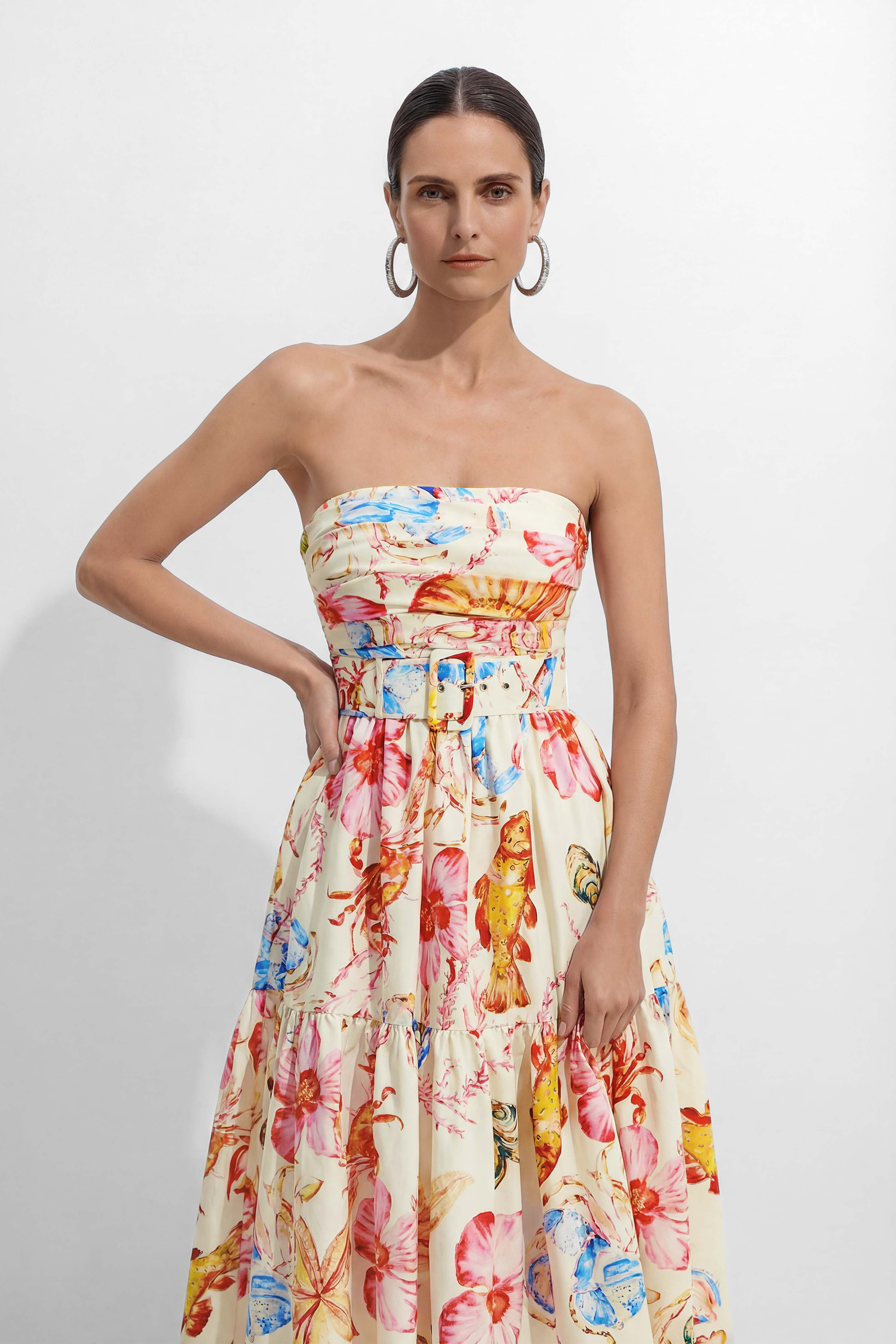 Sun Kissed Multi Printed Strapless Midi Dress