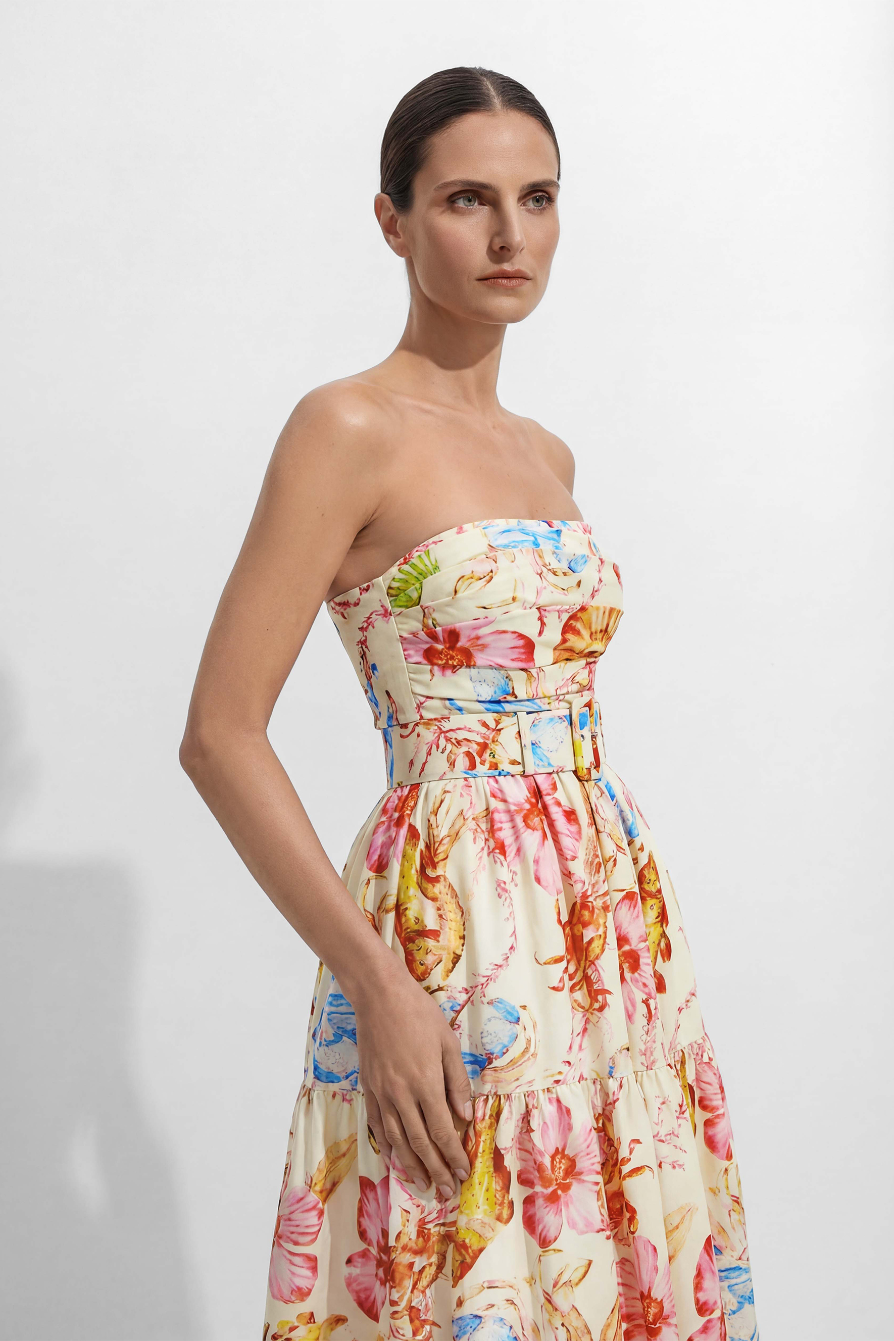 Sun Kissed Multi Printed Strapless Midi Dress