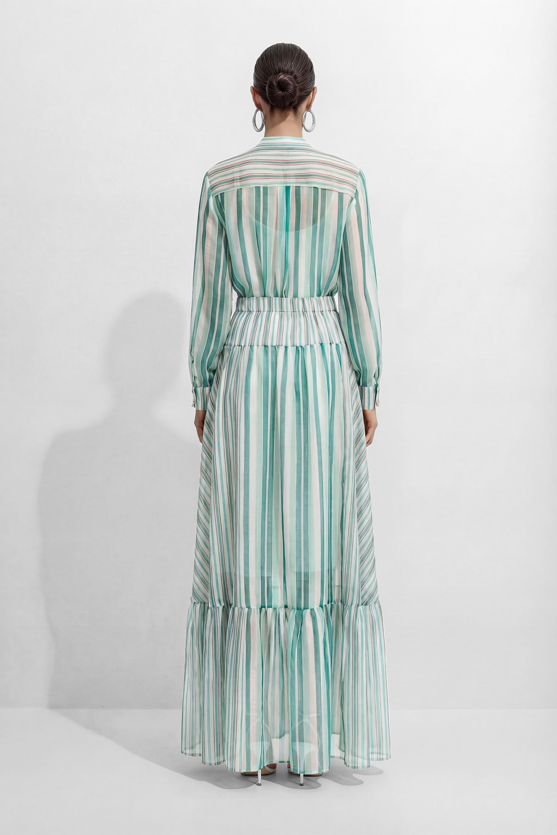 City Summer Mood Teal Striped Shirt & Tiered Skirt Set