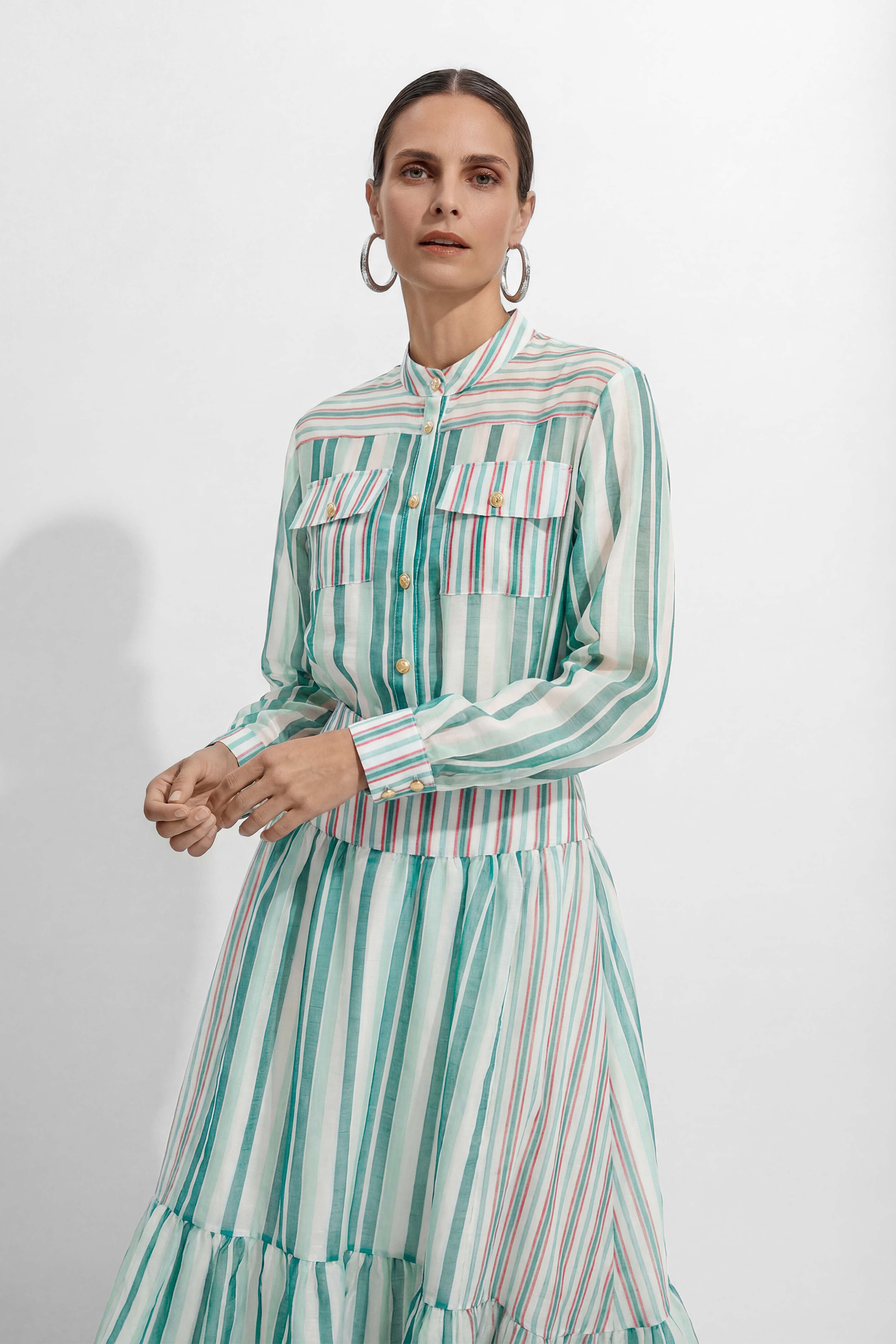 City Summer Mood Teal Striped Shirt & Tiered Skirt Set