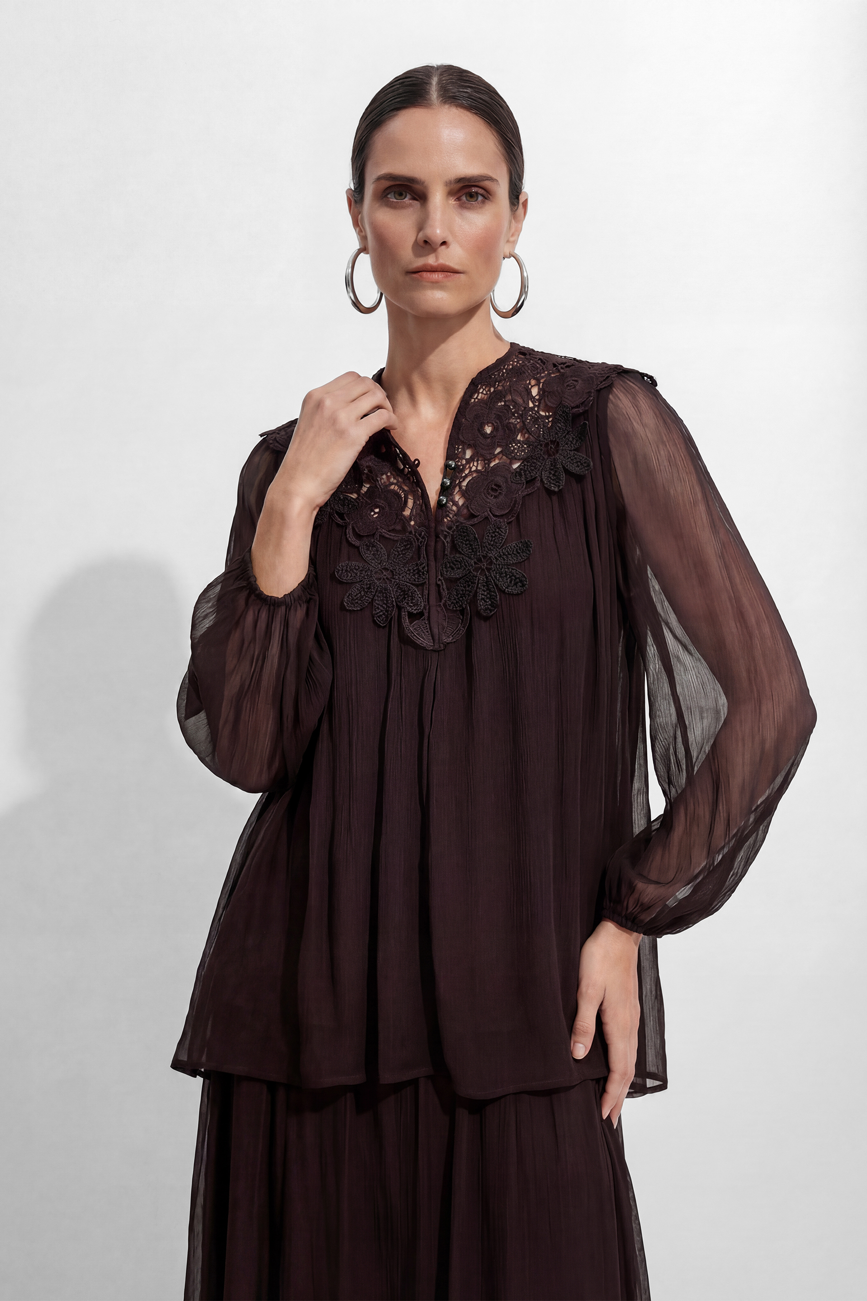 Made For Moments Brown Lace Embroidered Silk Top & Skirt Set