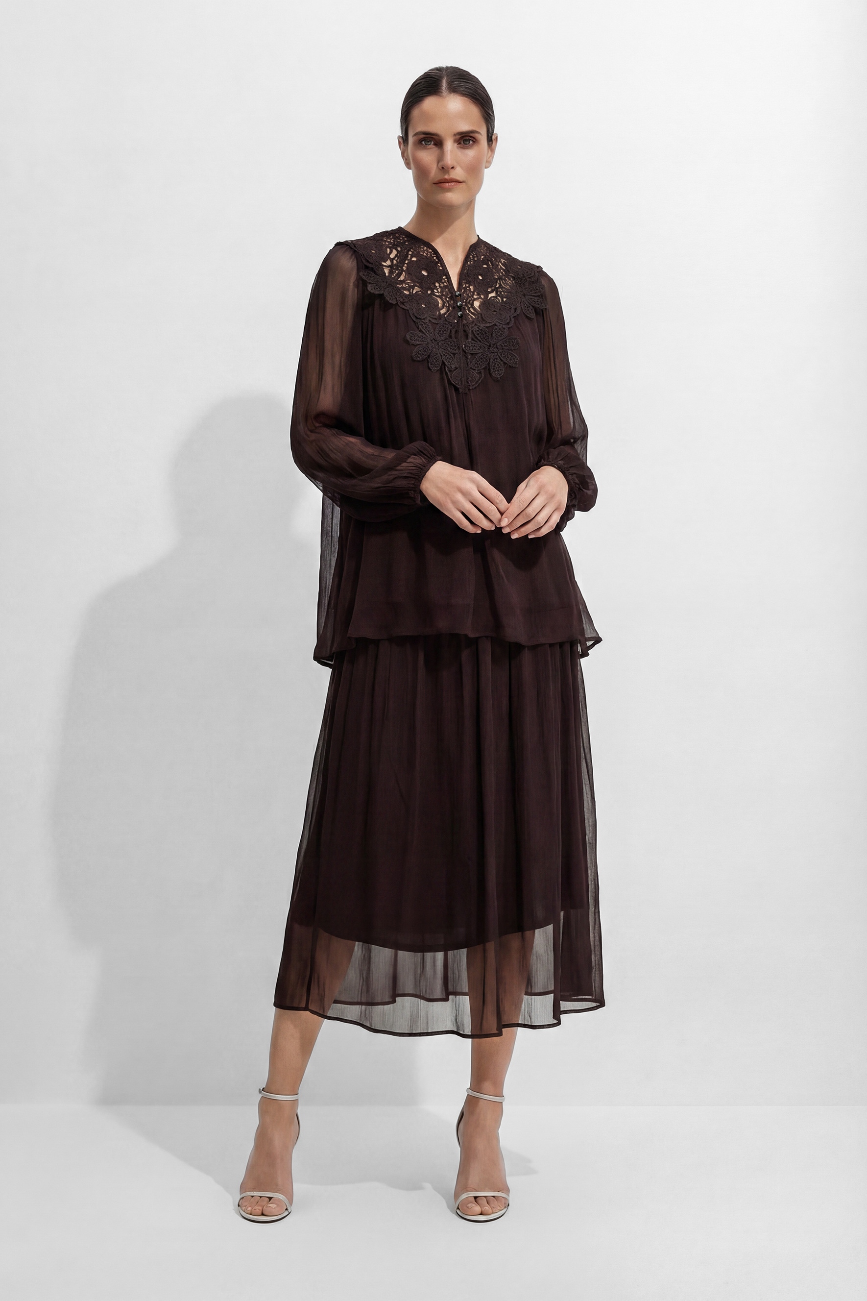 Made For Moments Brown Lace Embroidered Silk Top & Skirt Set