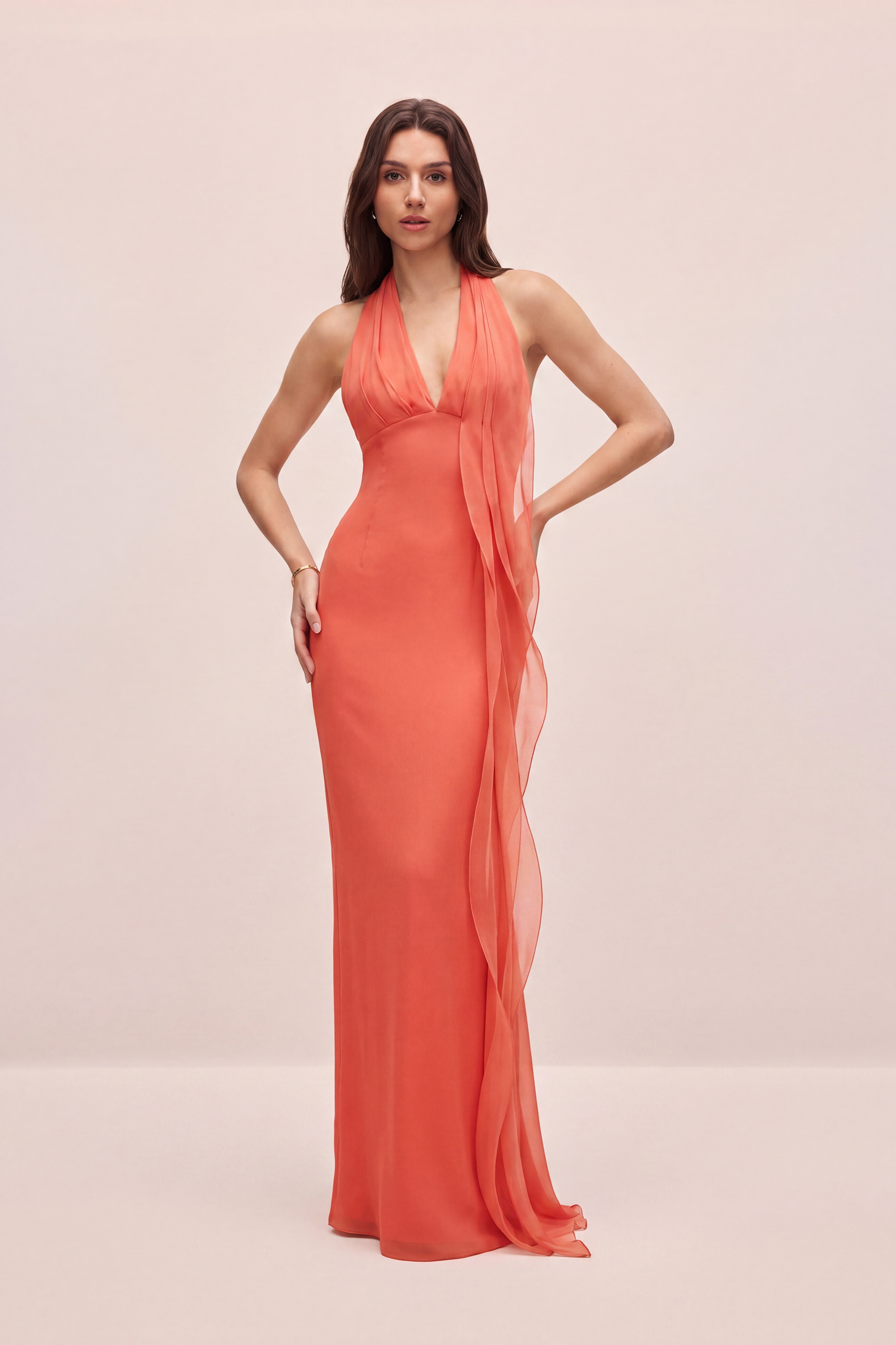 Lost in the Breeze Orange Deep V Neck Ruffle Maxi Dress
