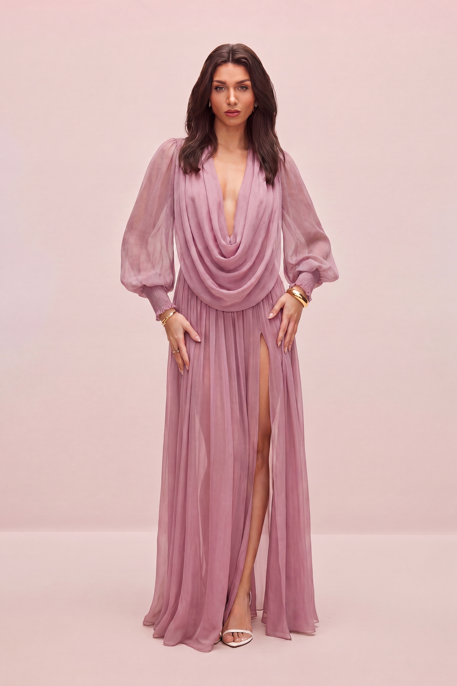 Purely Captivating Pink Cowl Neck Sheer Chiffon Maxi Dress