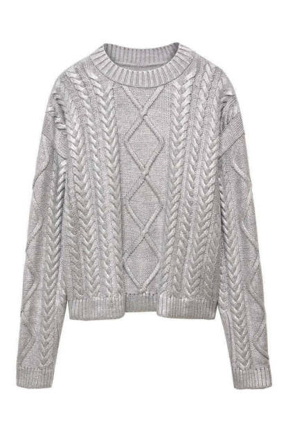 tops-Genevieve Metallic Foiled Cable-knit Sweater-ST00212062017-Silver-S - Sunfere
