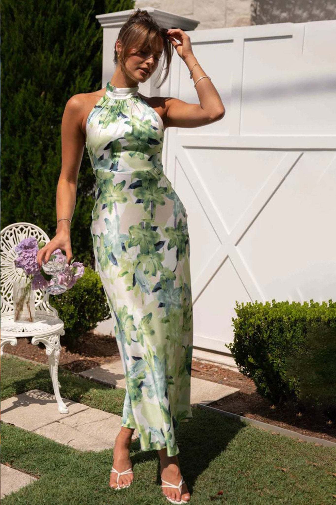 Gill Printed Halterneck Backless Satin Midi Dress-Sunfere