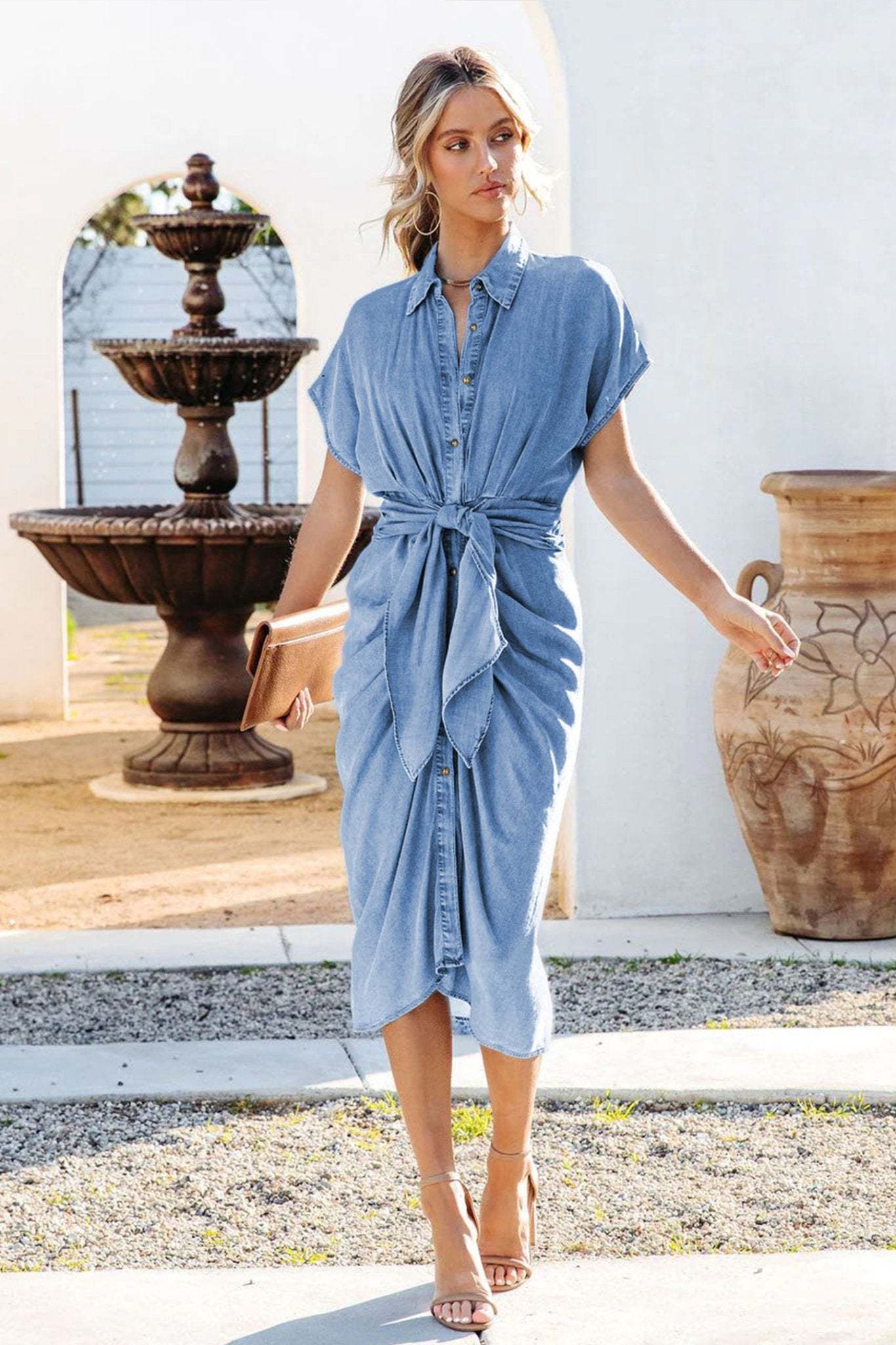 Gina Gathered Knotted Denim Midi Shirt Dress-Sunfere