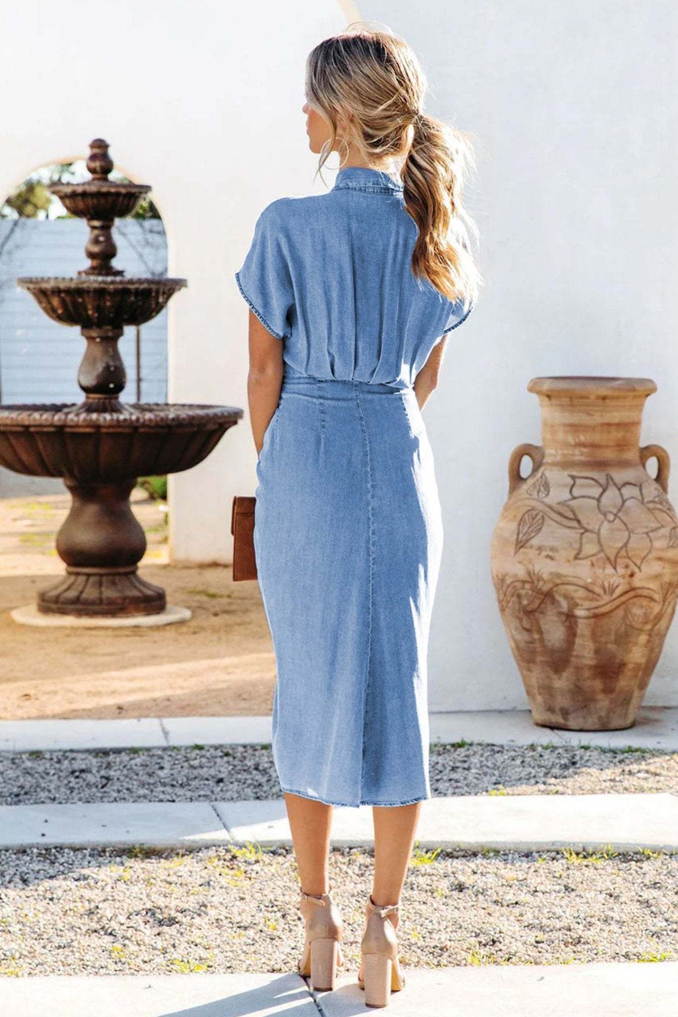 Gina Gathered Knotted Denim Midi Shirt Dress-Sunfere