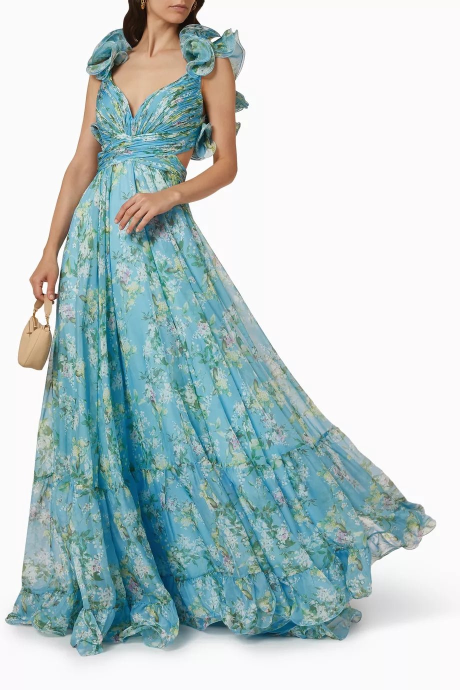 Ruffles Print Floral Chiffon Maxi Dres