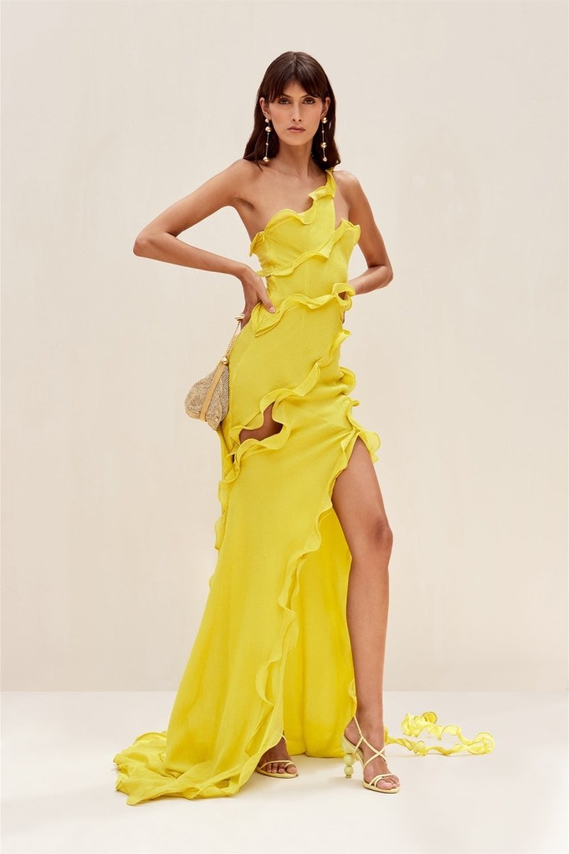 Gloria One Shoulder Ruffle Maxi Chiffon Dress-Sunfere