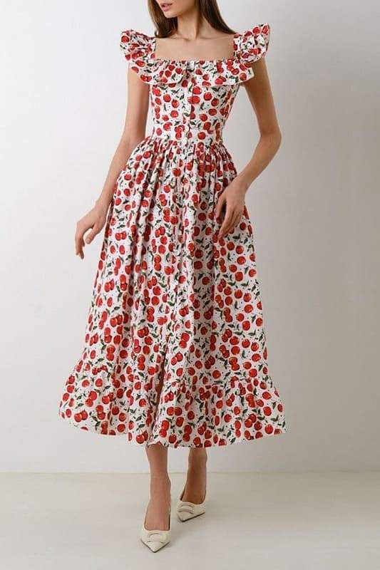 Griselda Cherry Printed Ruffle Midi Dress-Sunfere – sunfere