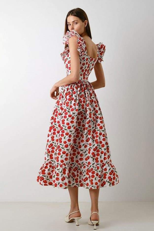 Griselda Cherry Printed Ruffle Midi Dress-Sunfere – sunfere