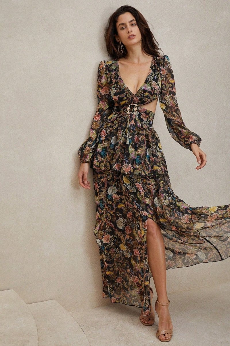 Black Floral and Bird Print Chiffon outlet Maxi Dress