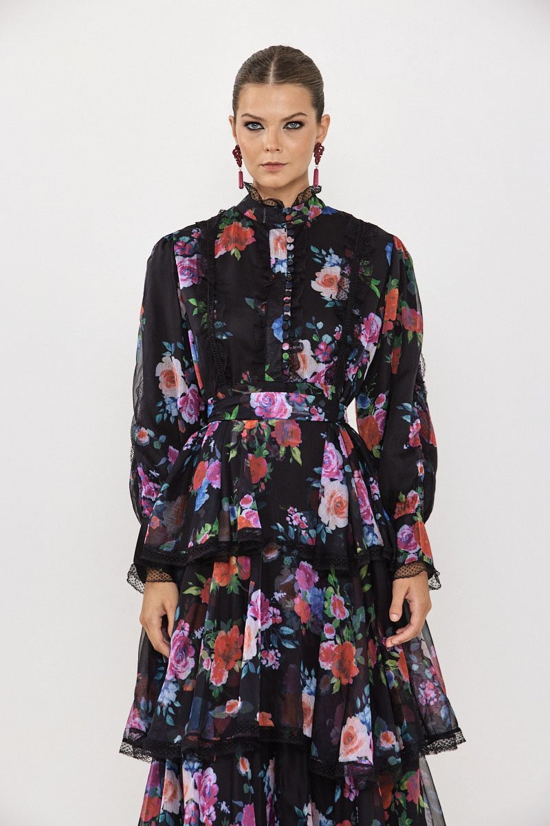 Hazel Floral Tiered Chiffon Maxi Dress-Sunfere Hazel Floral Tiered Chiffon Maxi Dress-Sunfere