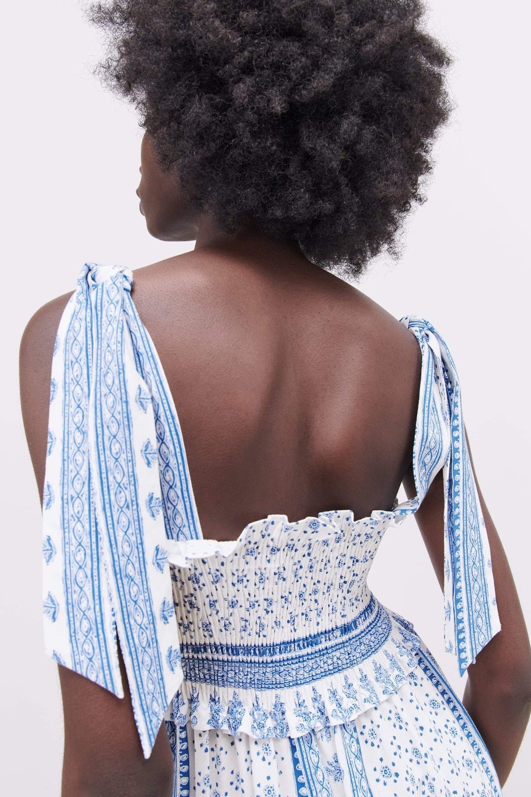 Helga Printed Shirred Strap Midi Dress-Sunfere